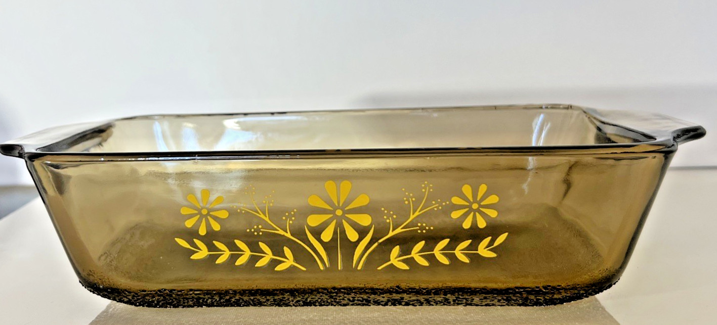 Vintage Glasbake Smoked Amber Glass Yellow Daisy Flower Loaf Pan Casserole Dish