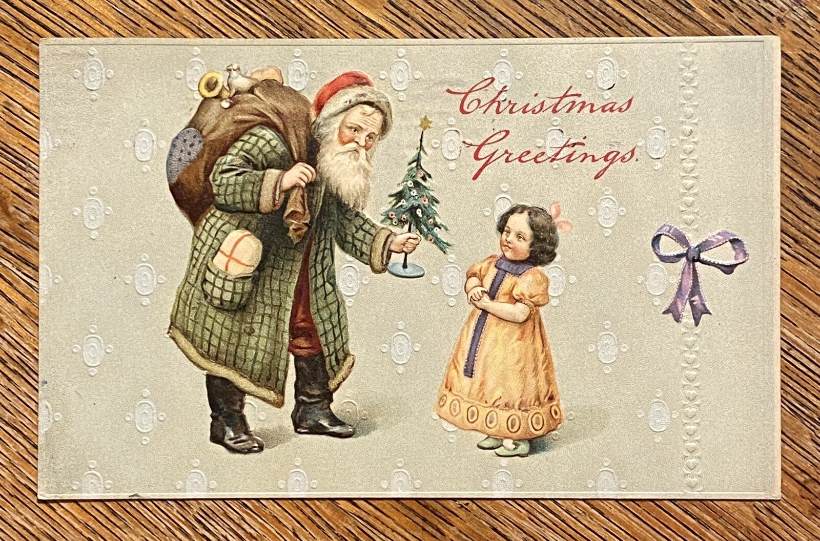 RARE Santa PLAID Coat Offers Christmas TREE to GIRL—Antique Embossed Postcard