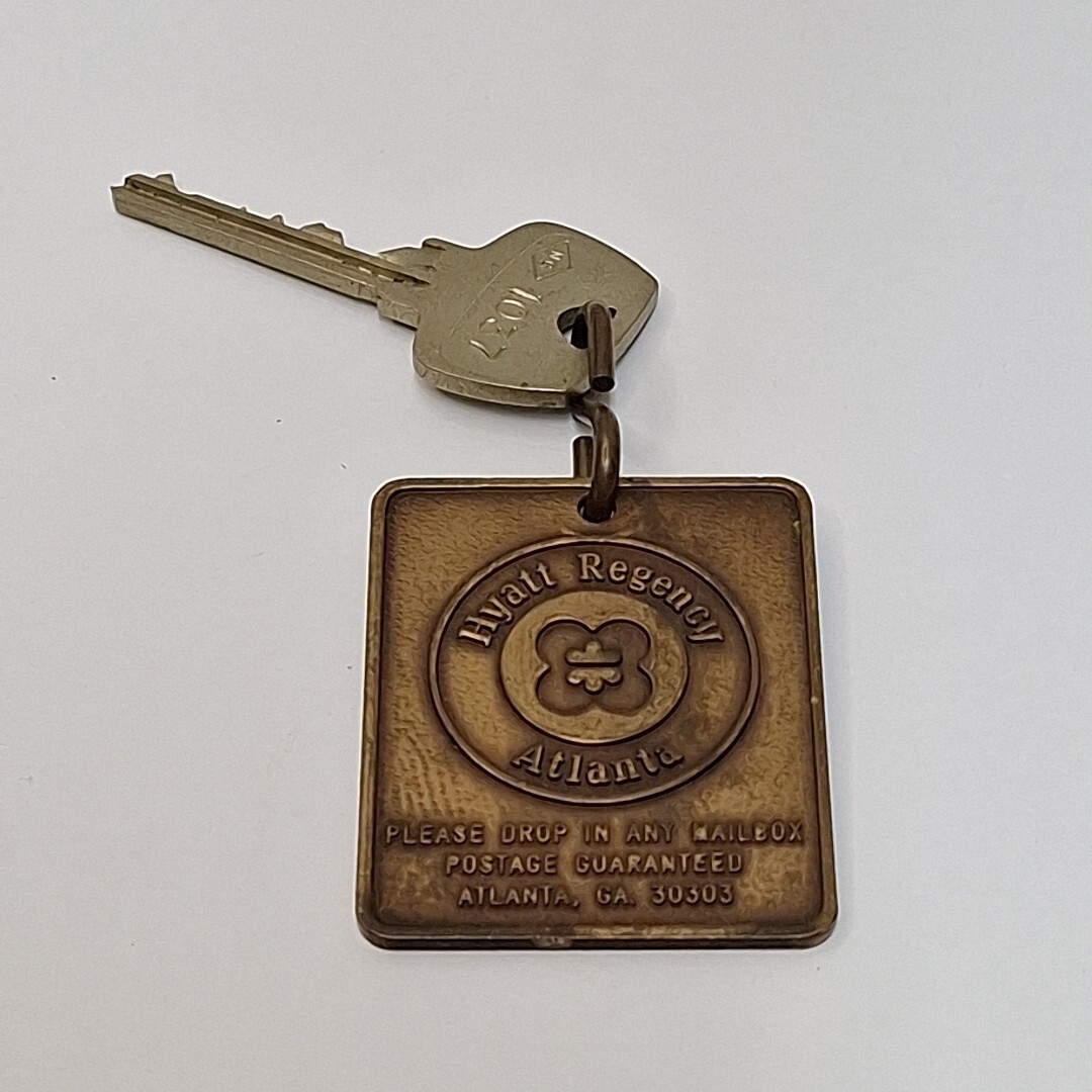 Vintage Hyatt Regency Atlanta, GA Brass Key Fob Chain & Room Key #1037
