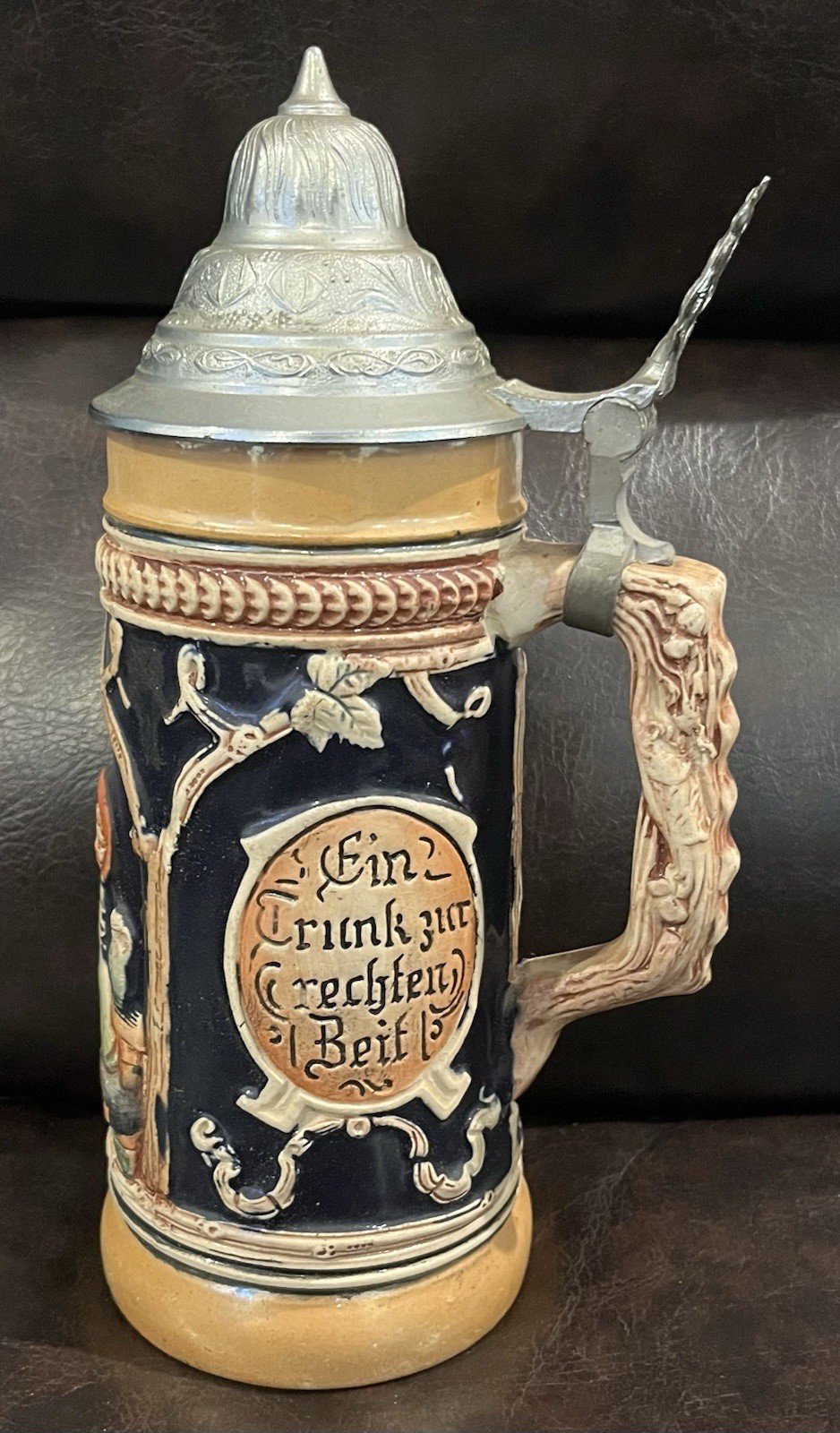Vintage German Lidded Beer Stein Hand-Painted Relief Scene Pewter Hinged Lid
