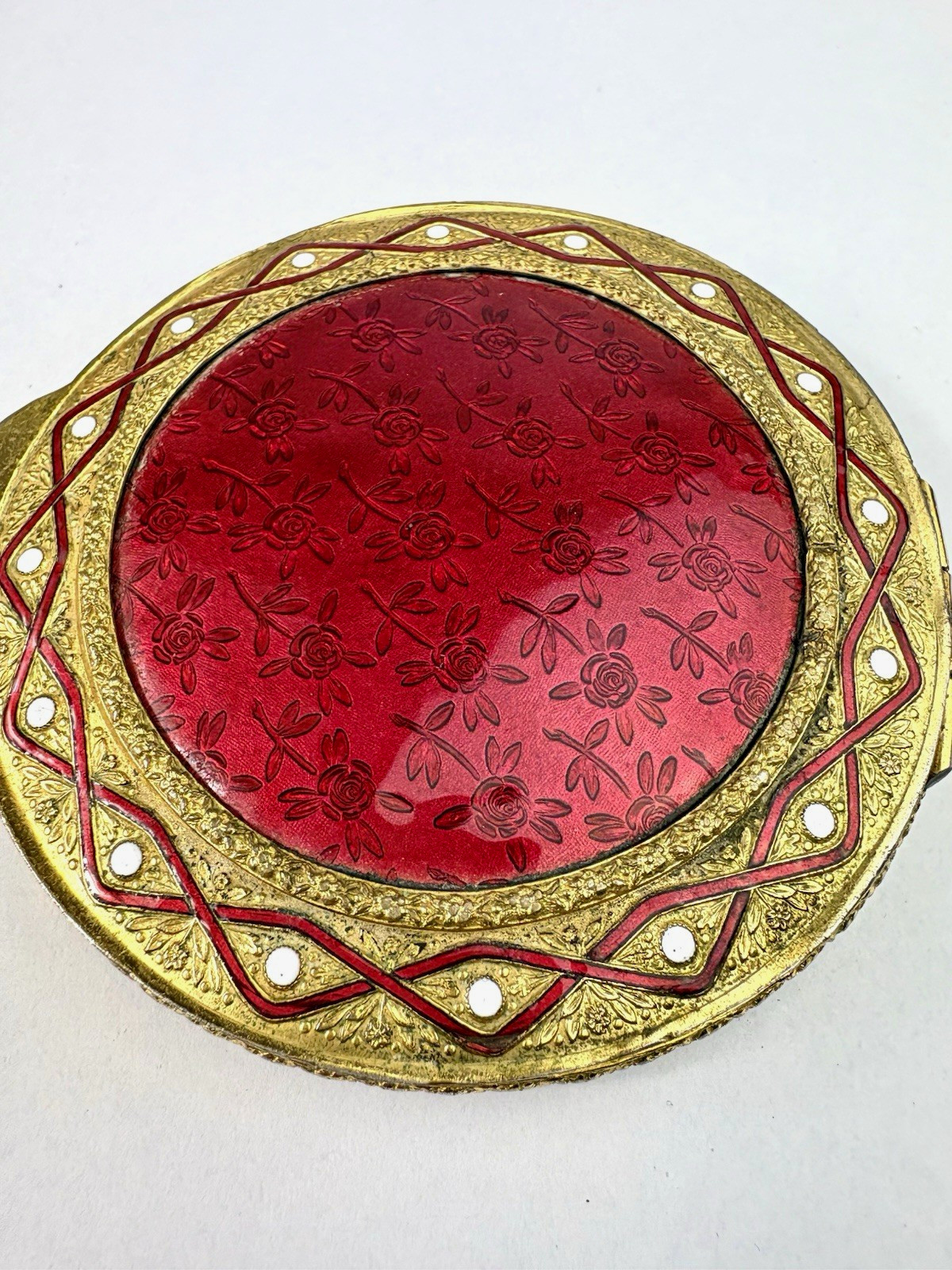 Vintage 1950s Italian Brass & Enamel Powder Compact with Puff & Sifter Vintage 1950s Italian Brass & Enamel Powder Compact with Puff & Sifter