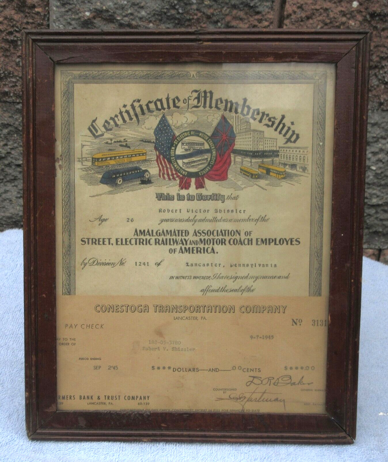 1945 Conestoga Transporation Co. Pa Railway Motor Coach of America Certificate 1945 Conestoga Transporation Co. Pa Railway Motor Coach of America Certificate