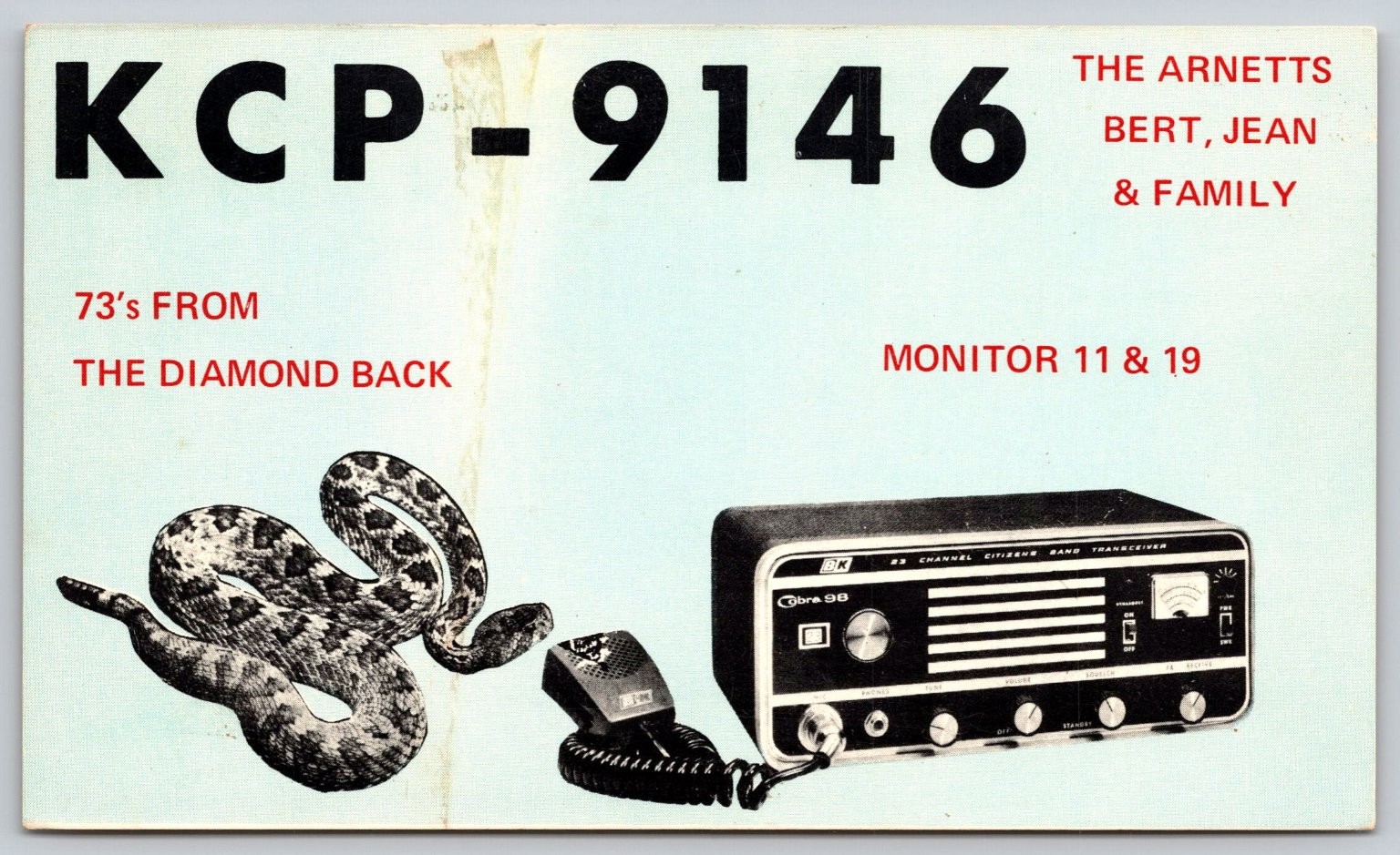 Vintage KCP-9146 CB Radio QSL Postcard Cobra 98 Rattlesnake Arnetts 73's B52