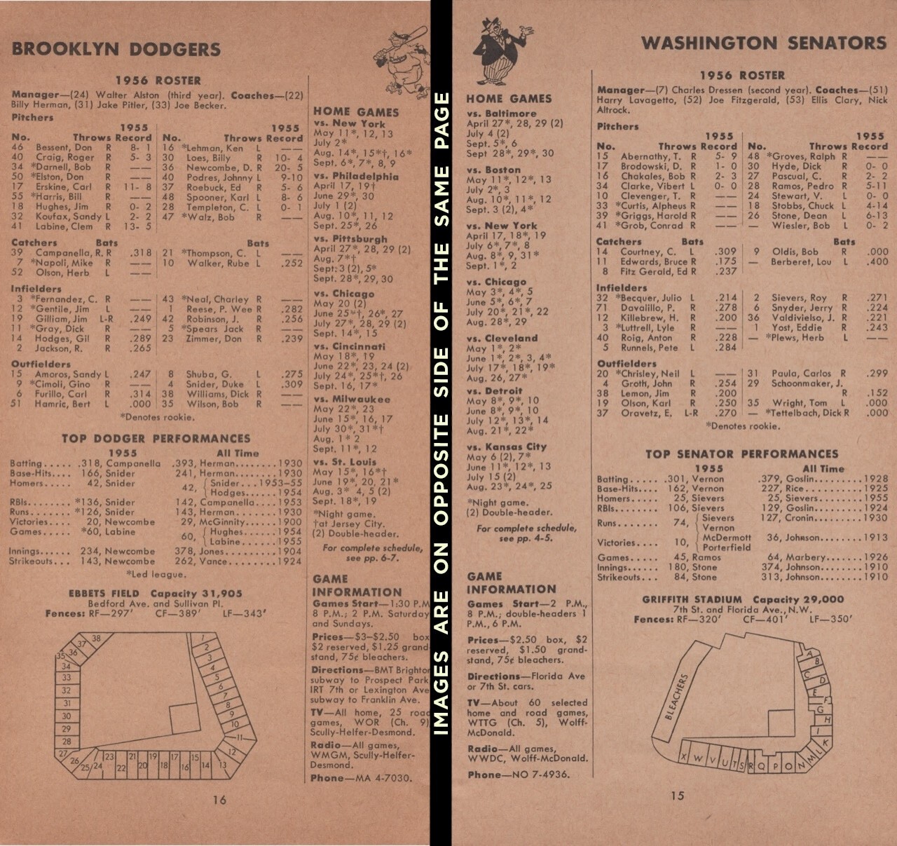 1956 Brooklyn Dodgers Washington Senators Griffith Ebbets Field Vintage Schedule