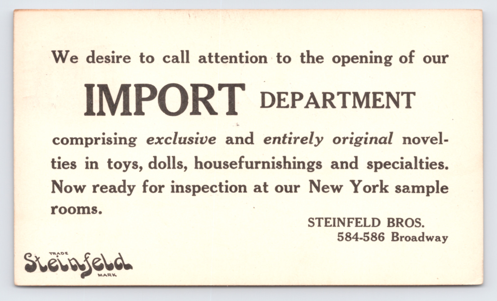 1913 Steinfeld Bros Import Dept Postal Card New York NY Toys Dolls Furnishing