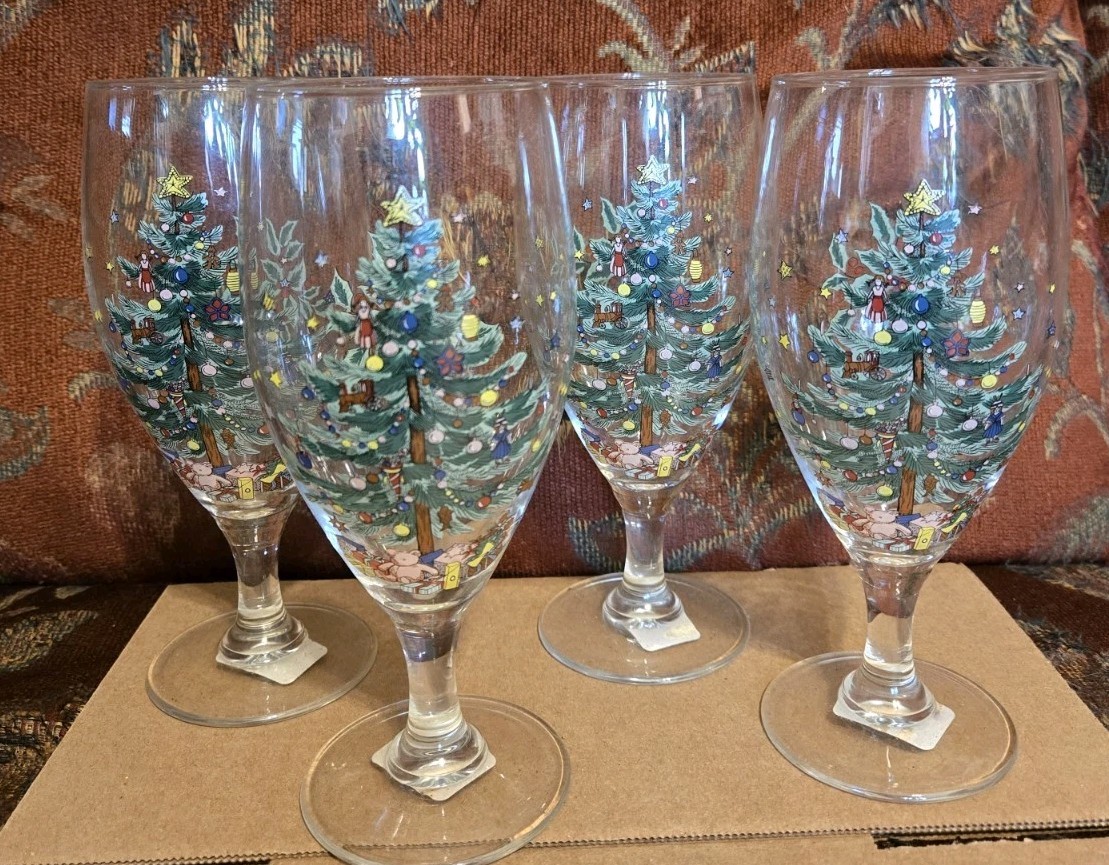 4 Vtg NWOB Nikko Happy Holidays Iced Tea Water Glasses Goblets Christmas Tree