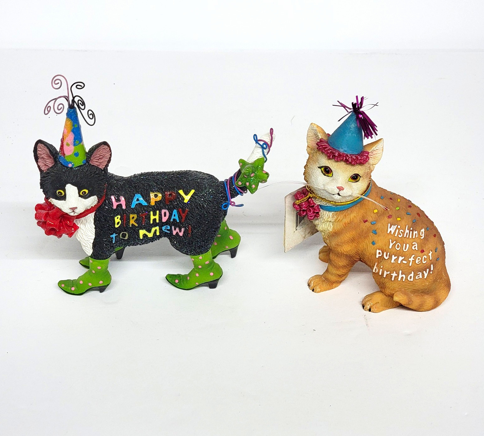 Whimsical Cat Birthday Figurines Lot of 2 Kitsch Festive Kitten Party Hat Resin