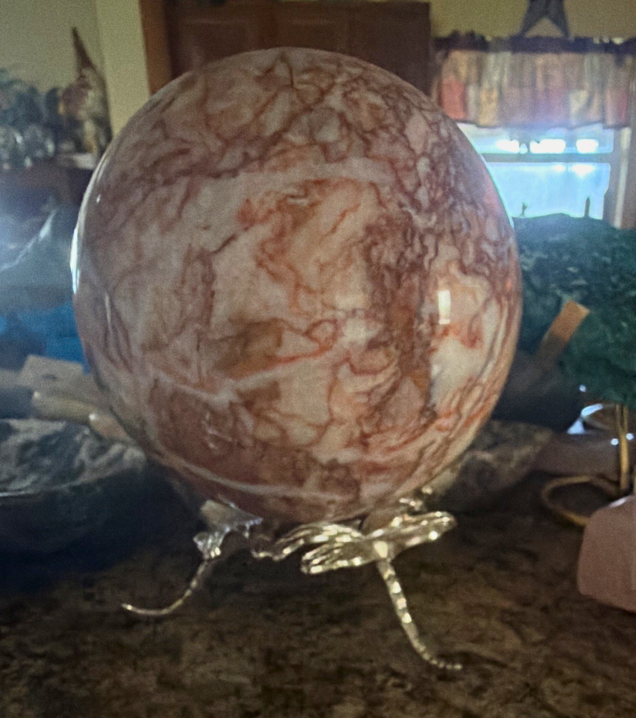 Polished Stone/Crystal Sphere on Metal Stand + Carved Stone BIG/HEAVY