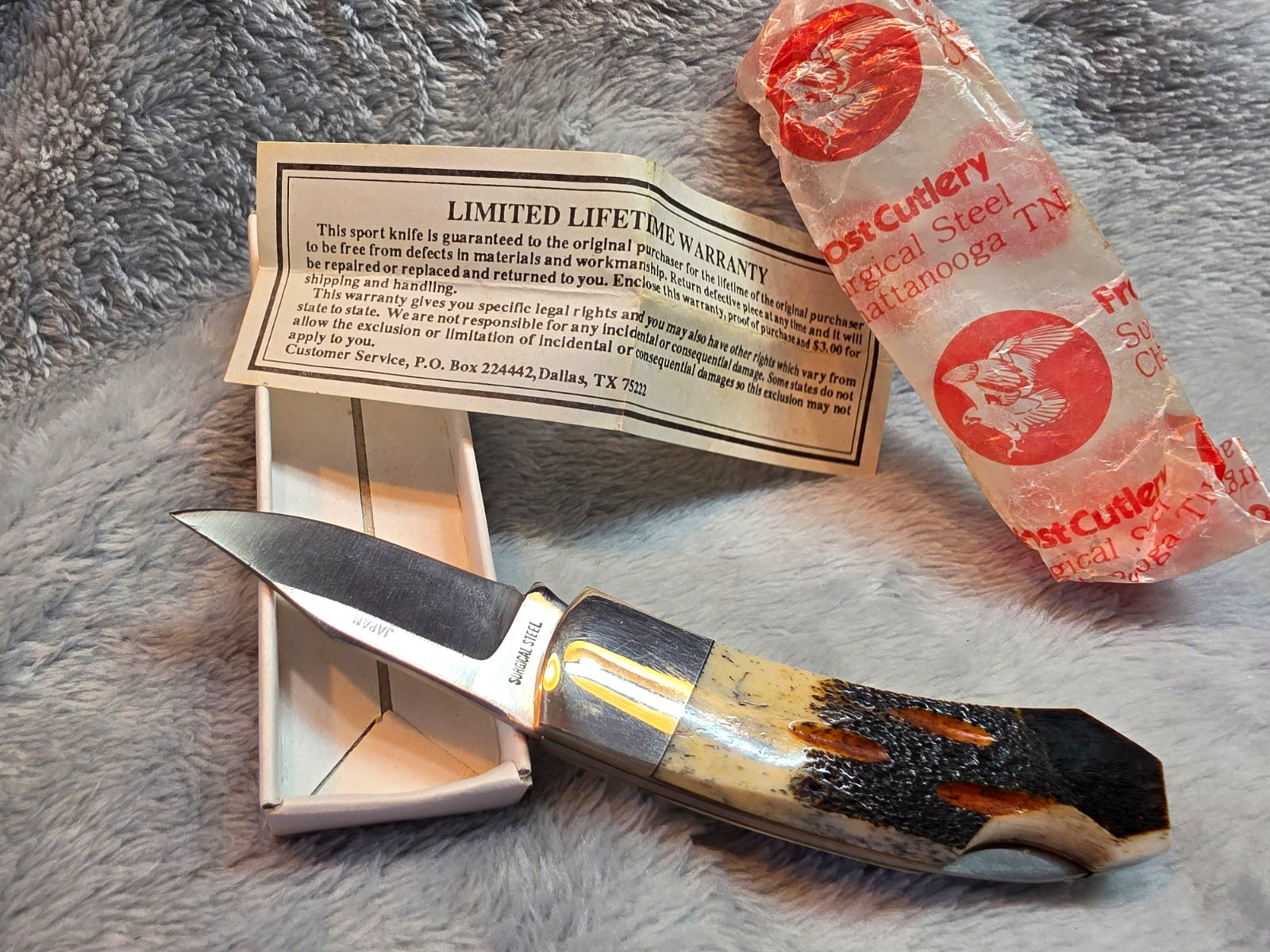 Vintage Frost Bulldog Lockback Knife Japan Surgical Steel Bone Stag Box 1980s