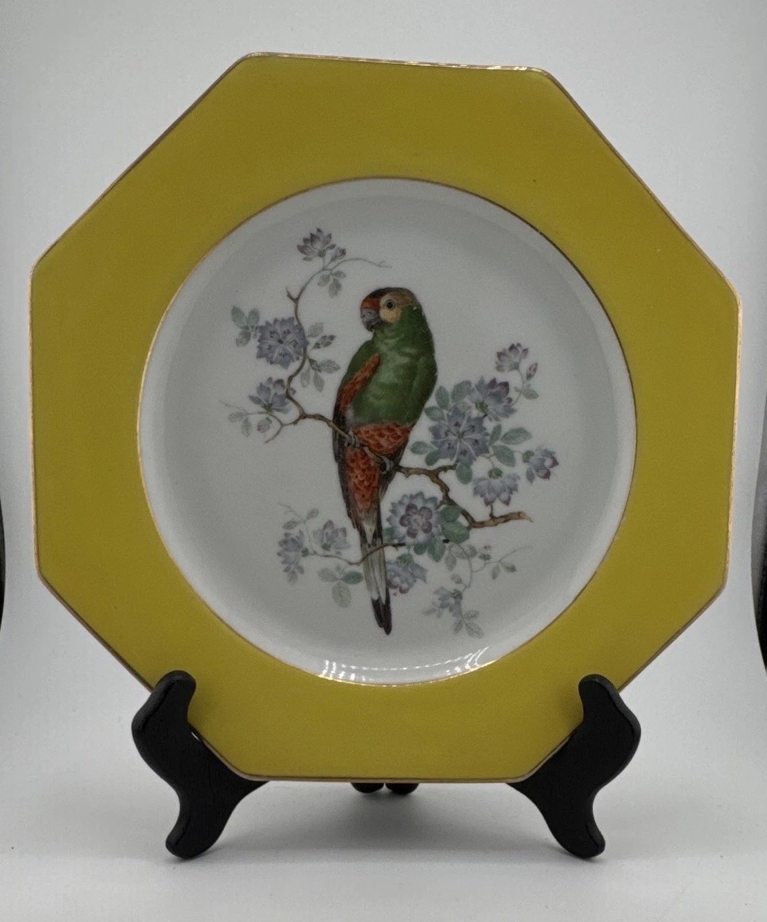 Bavaria Porcelain Octagon Collector Plate Yellow Rim Bird Theme Wedding German