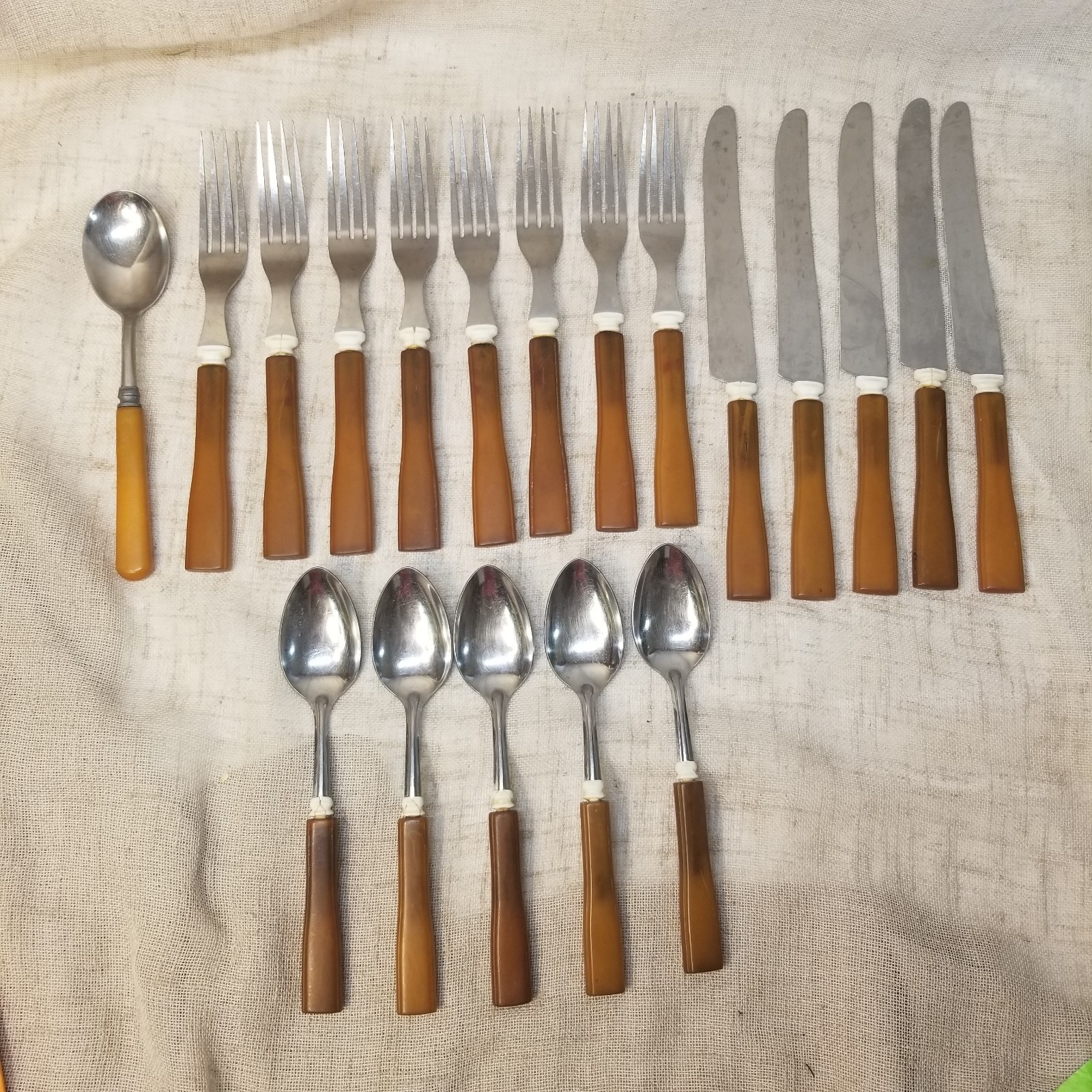 Vintage Orange Brown Butterscotch Bakelite Flatware Lot Forks Knives Spoons