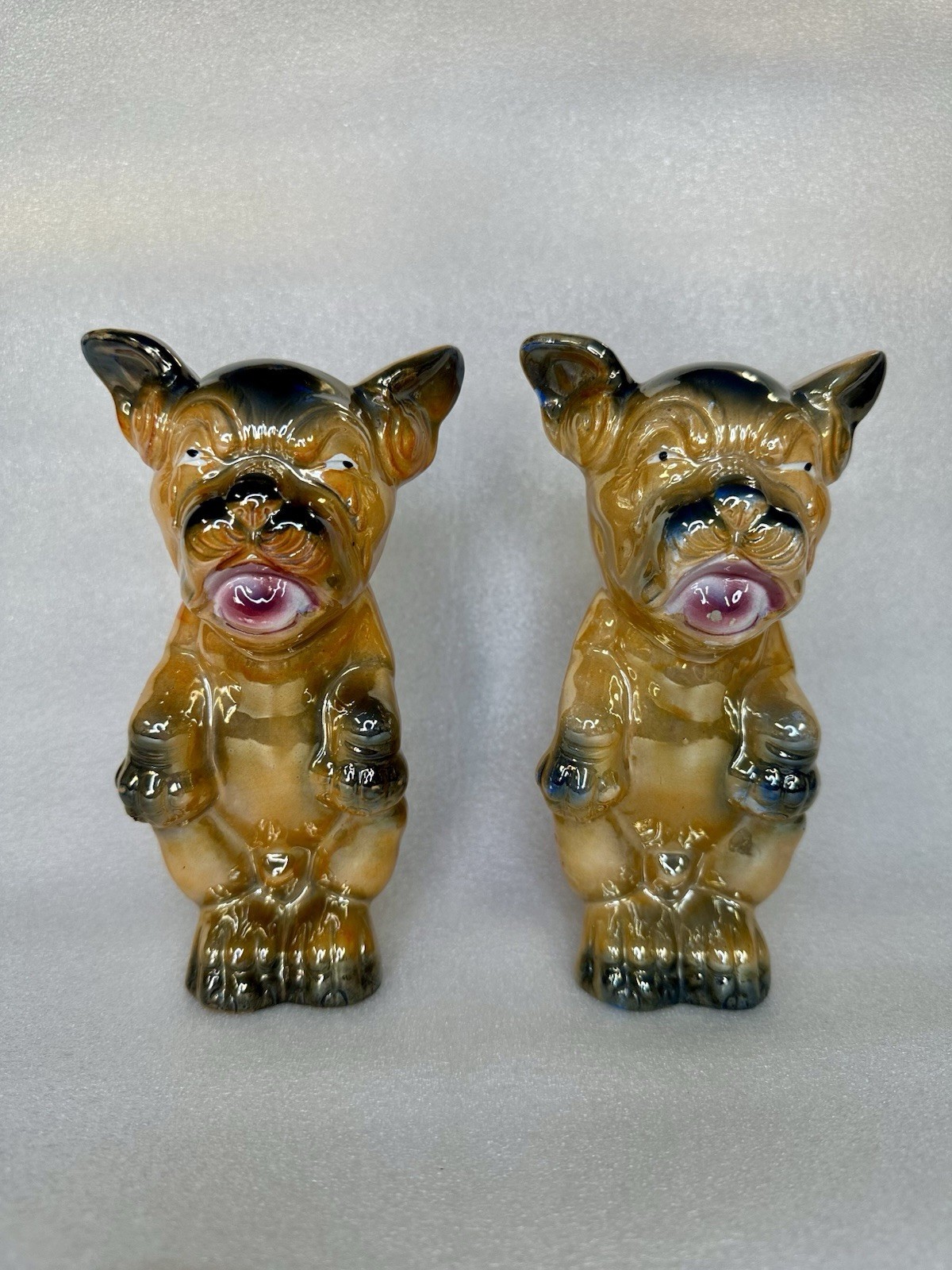 Vintage Ceramic Bulldog Dog Figurines Pair 7” Glazed Pottery Figures