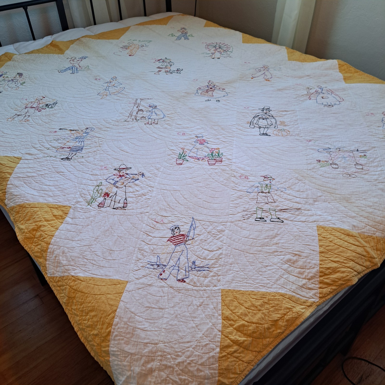 Vintage Handmade Quilt Hand Sewn & Embroidered White  77\