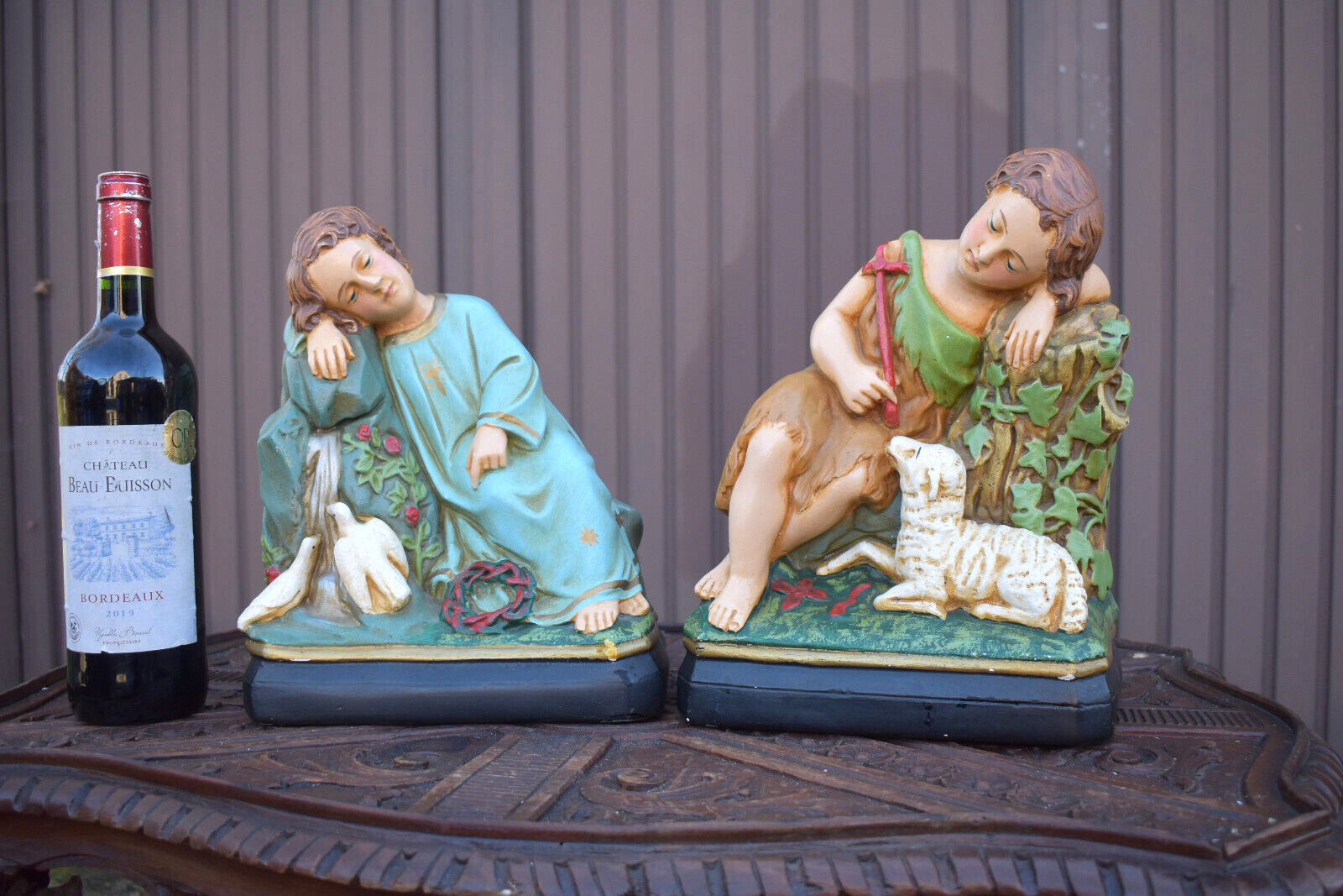 pair antique MAtching set young saint john jesus statue religious