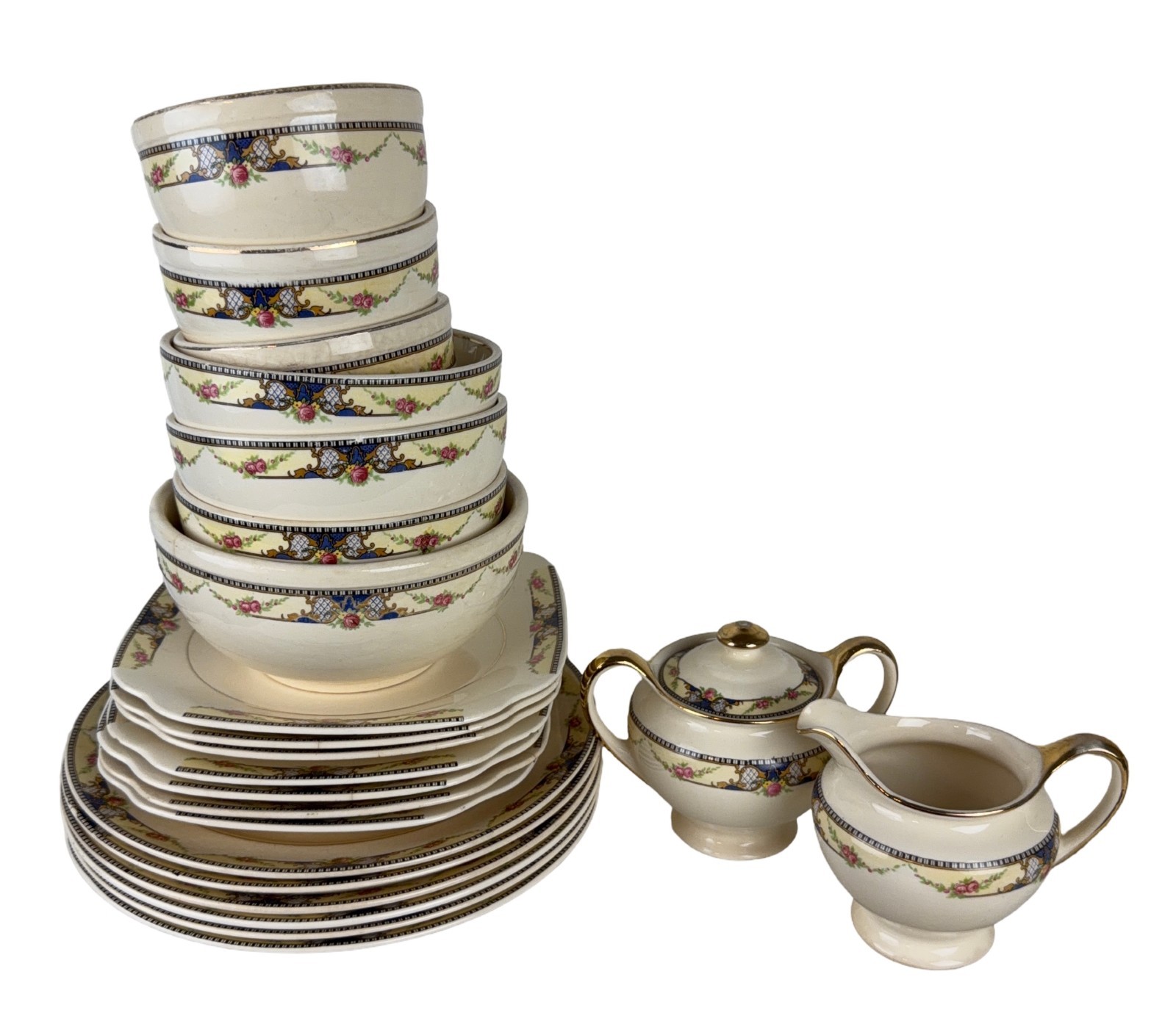 Vtg Universal Cambridge Camwood Ivory 22K Gold Rose China 22 Pc Set Crazed