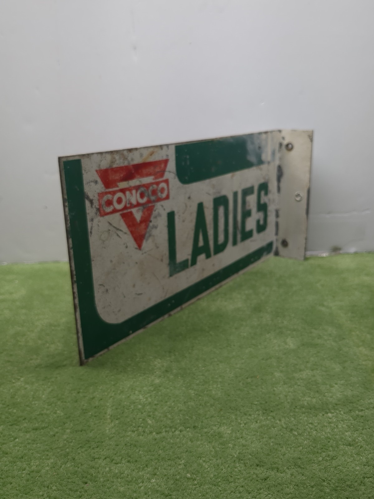 Vintage 1950's Conoco Ladies Restroom Double Sided Flange Sign