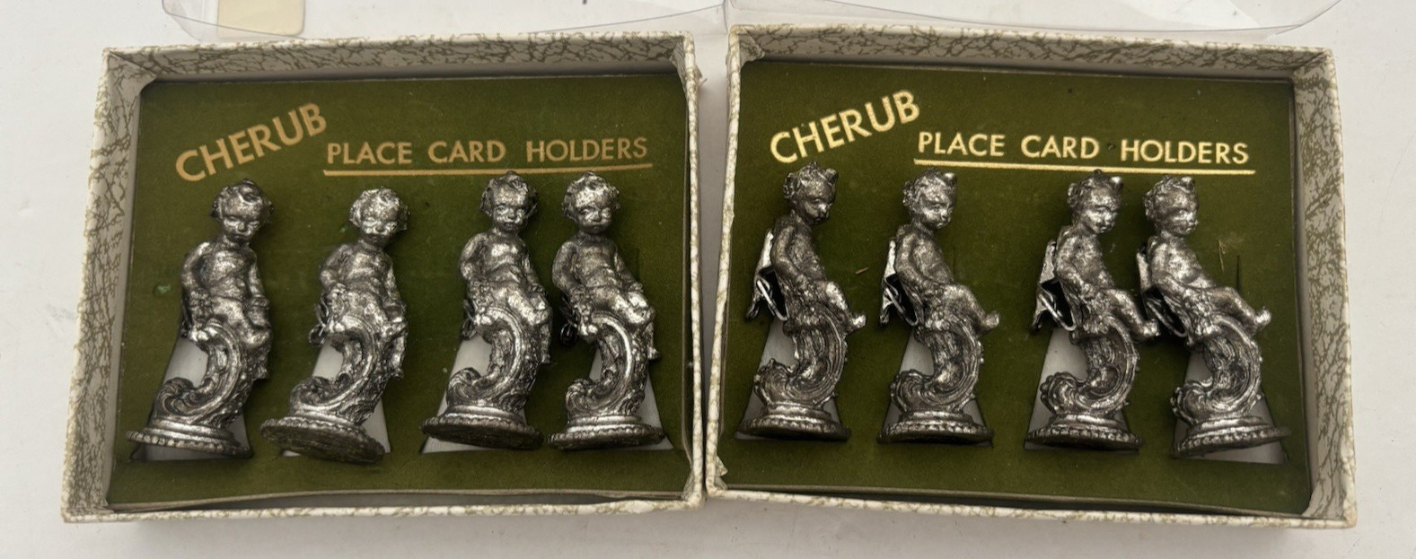 Vintage Lot of 8 Silver Toned Cast Metal Cherub Figural Place Card Holders