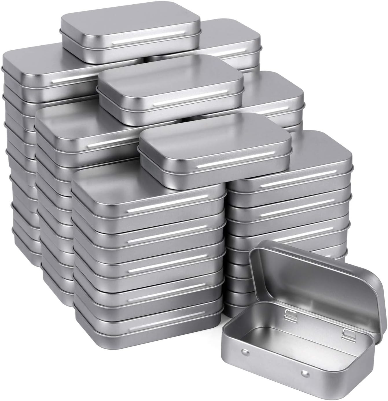 Metal Rectangular Empty Hinged Tins, Pack of 40, Silver