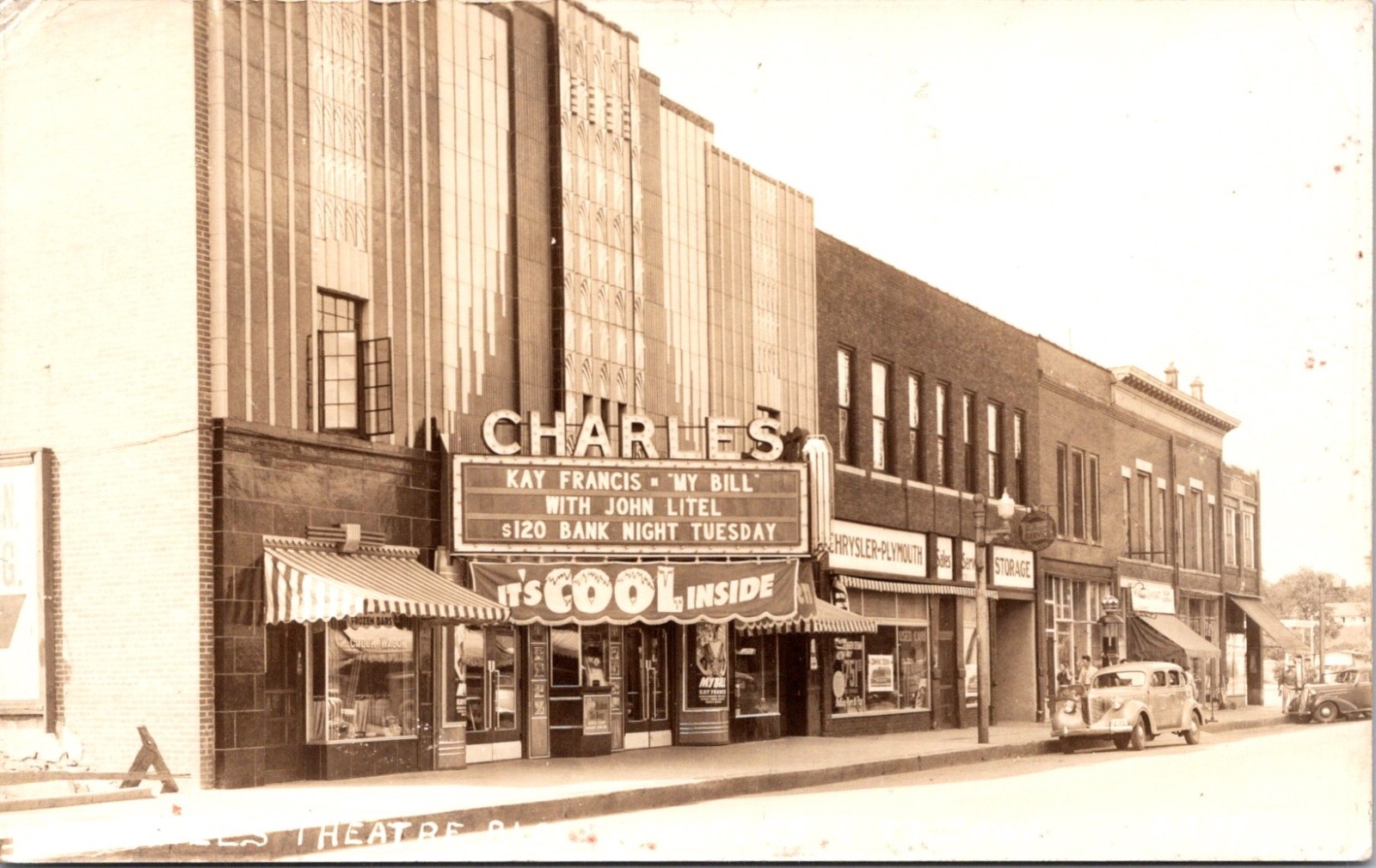 RPPC Real Photo Postcard Iowa Charles City Movie Theatre It's Cool Inside Sign