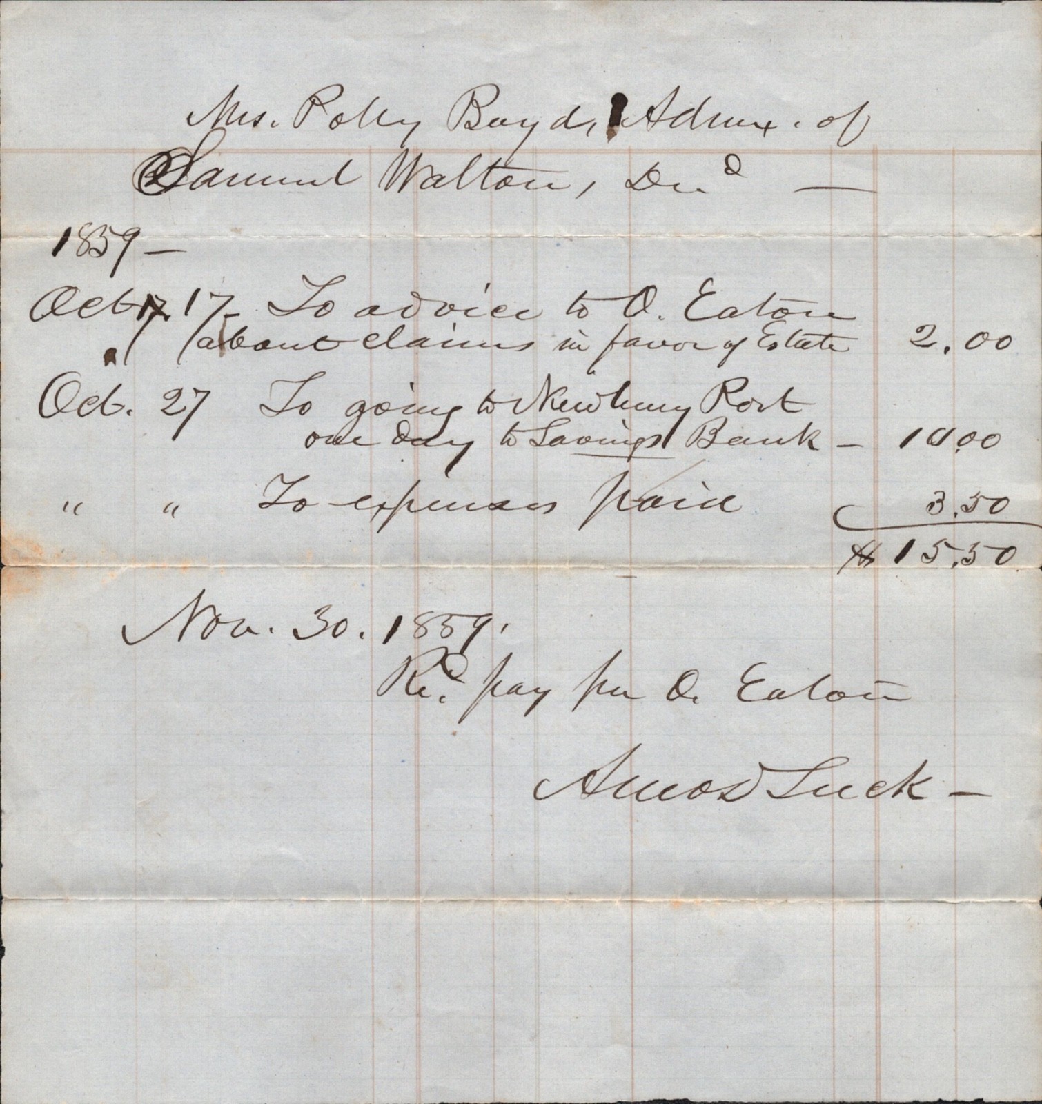 1859 NEWBURYPORT, MASSACHUSETTS antique accounting sheet EXPENSES PAID FOR TRIP 1859 NEWBURYPORT, MASSACHUSETTS antique accounting sheet EXPENSES PAID FOR TRIP