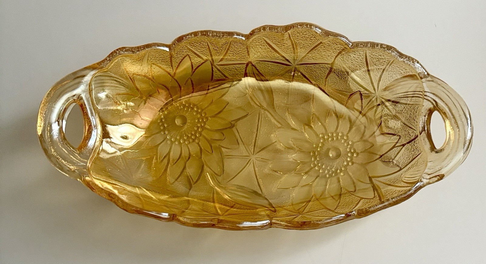 Vintage Indiana Glass Lily Pons Marigold Pickle Dish Carnival Glass Iridescent