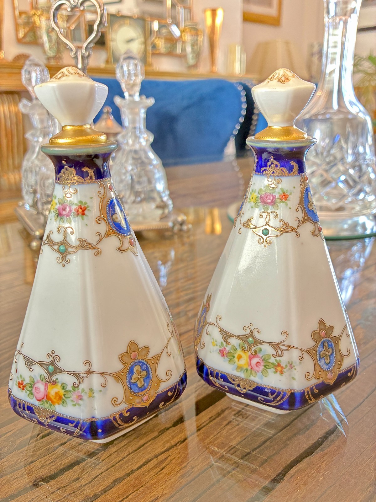Old Noritake Perfume Bottles with Stoppers - 1908-20 Blue Marquis Mark - Perfect