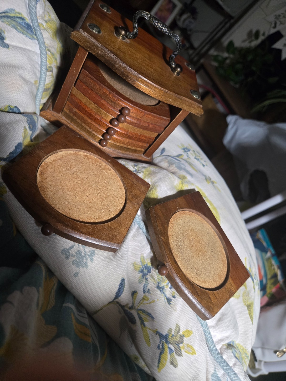 Vintage Hand Carved Japanese Wooden Coasters Set of 8 + Holder