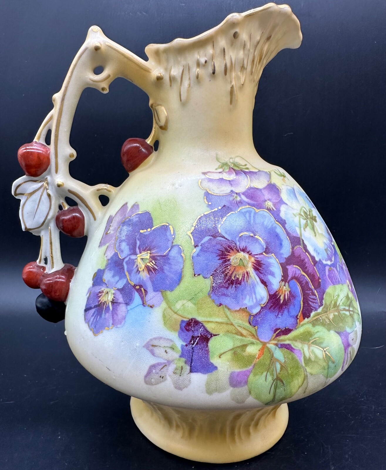 ANTIQUE 3D CHERRY BERRY JUG PURPLE PANSY FLOWER GOLD PITCHER VASE AUSTRIA SIGNED