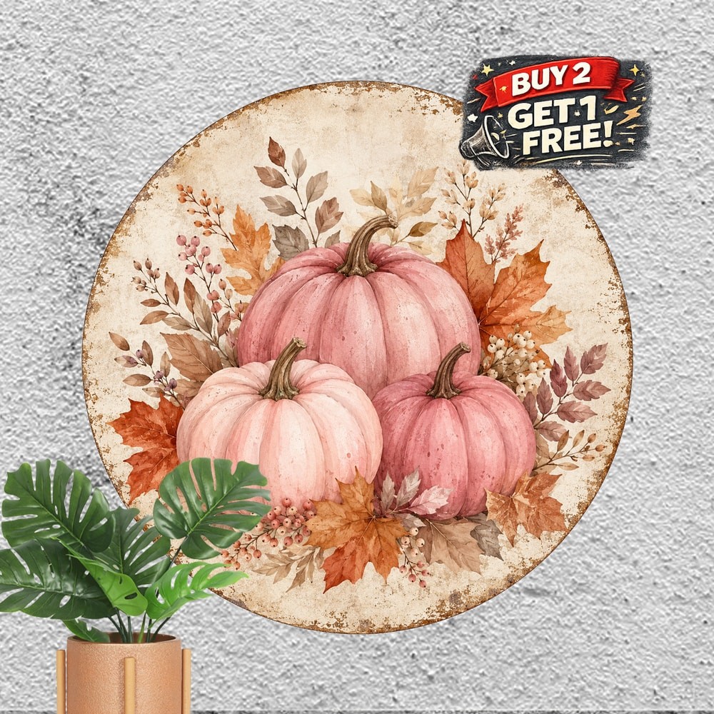 Farmhouse Pink Pumpkin Autumn Leaves Round Sign Metal Tin Sign Plaque