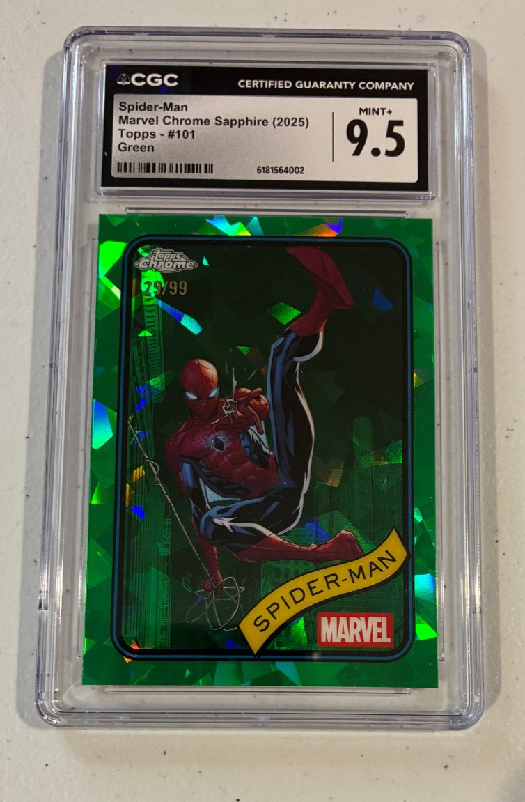 2025 Topps Chrome Marvel #101 Spider-Man Sapphire Green Refractor #/99 CGC 9.5