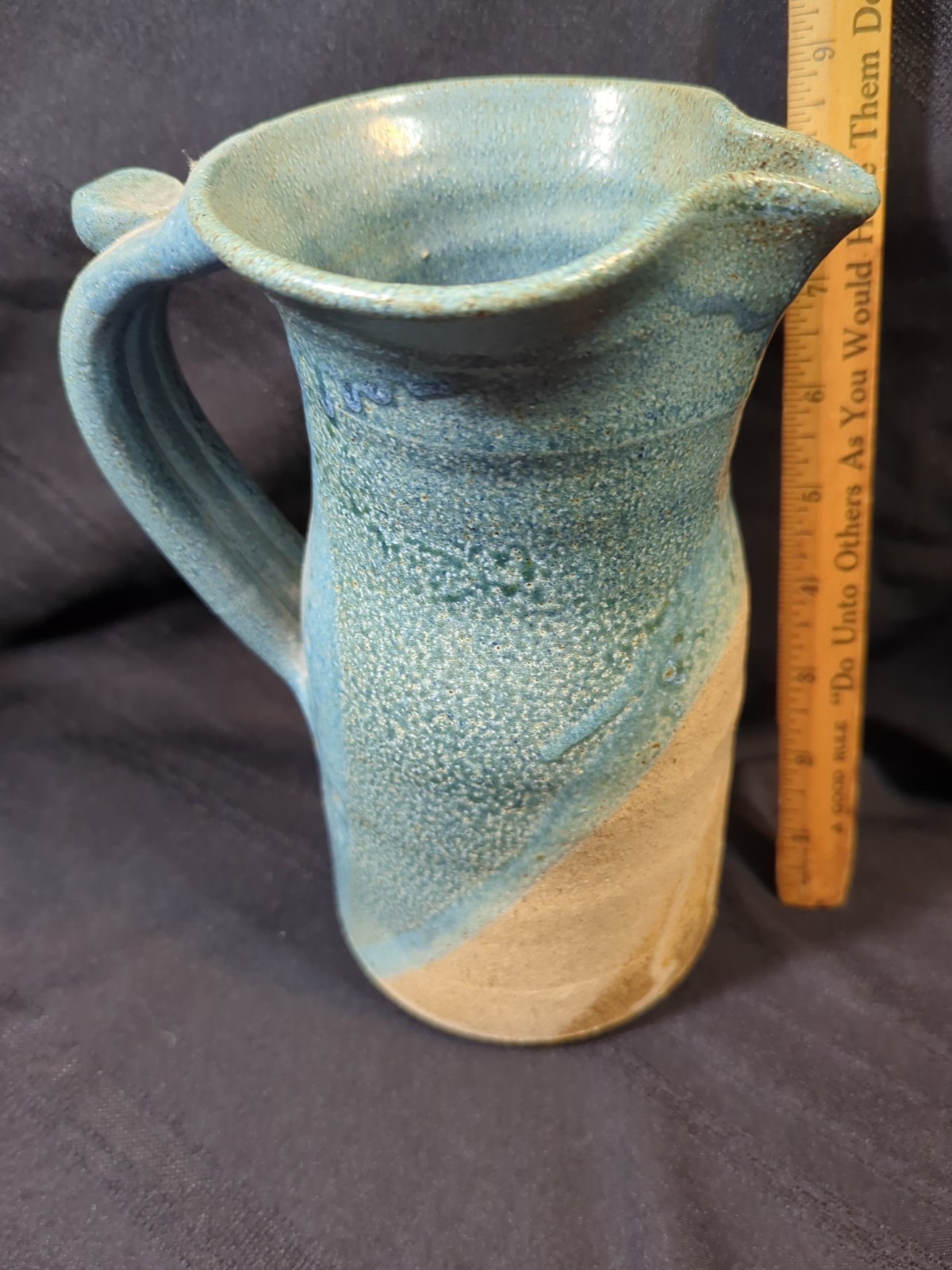 Blue / brown   Two Toned Drip Glazed Handmade Pottery  Pitcher Jug 8.5