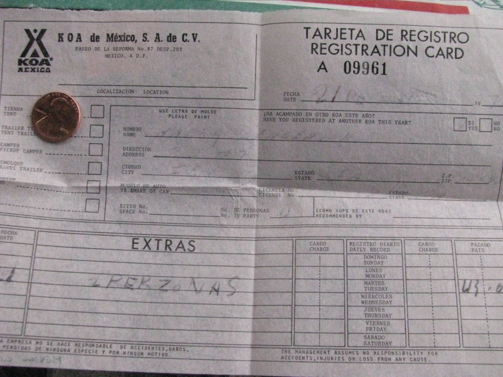 Hotel Valles Envelope Mexico Turnpike & KOA receipt stamp VTG Old Ephemera