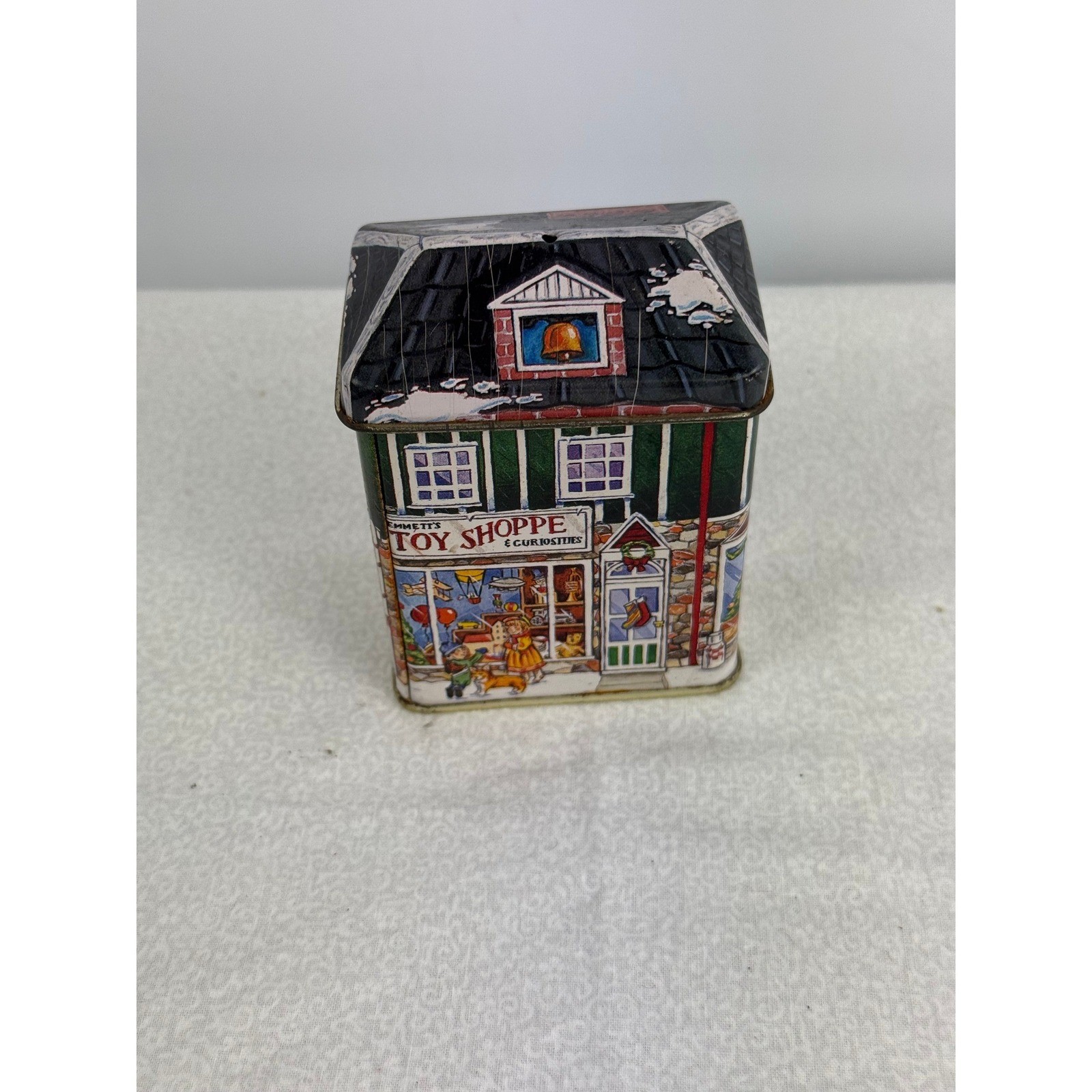 Vintage Emmett\'s Toy Shoppe & Curiosities Village House Collectible Tin Holiday