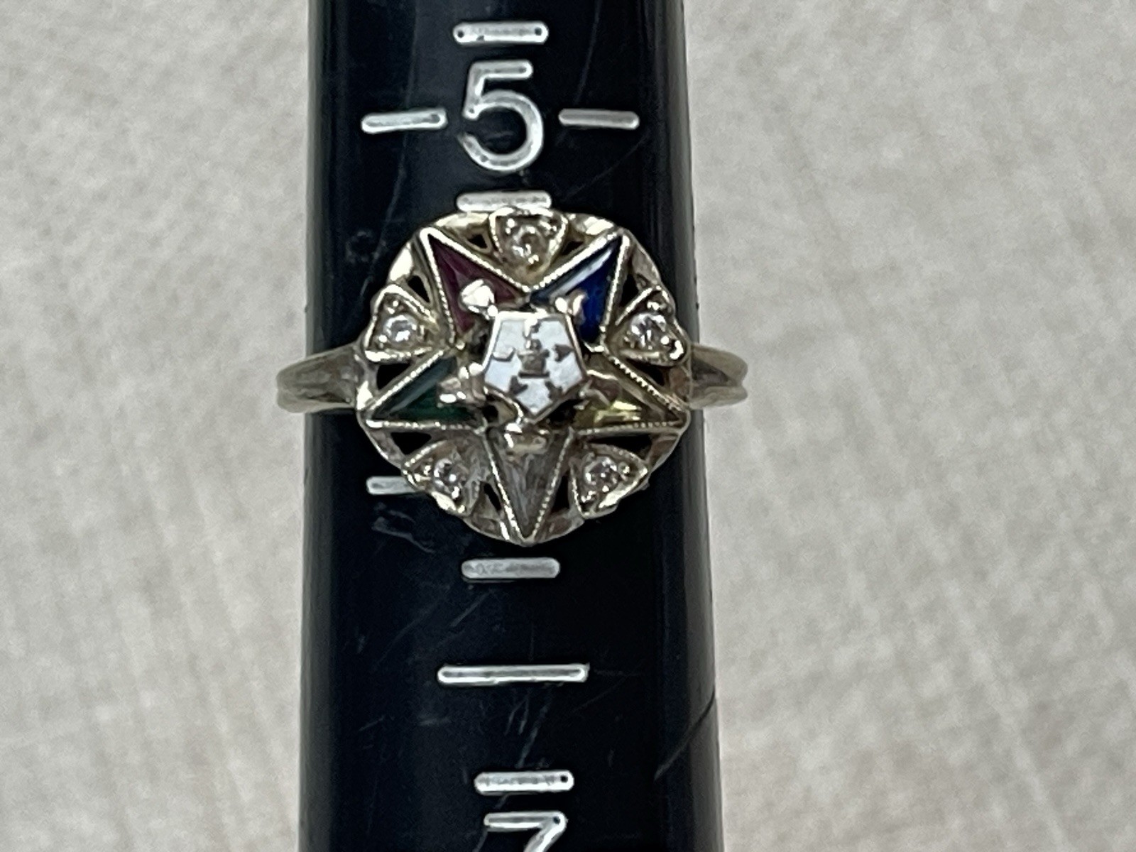 Vintage 14K White Gold Order of the Eastern Star Masonic Ring Size 6 Art Deco