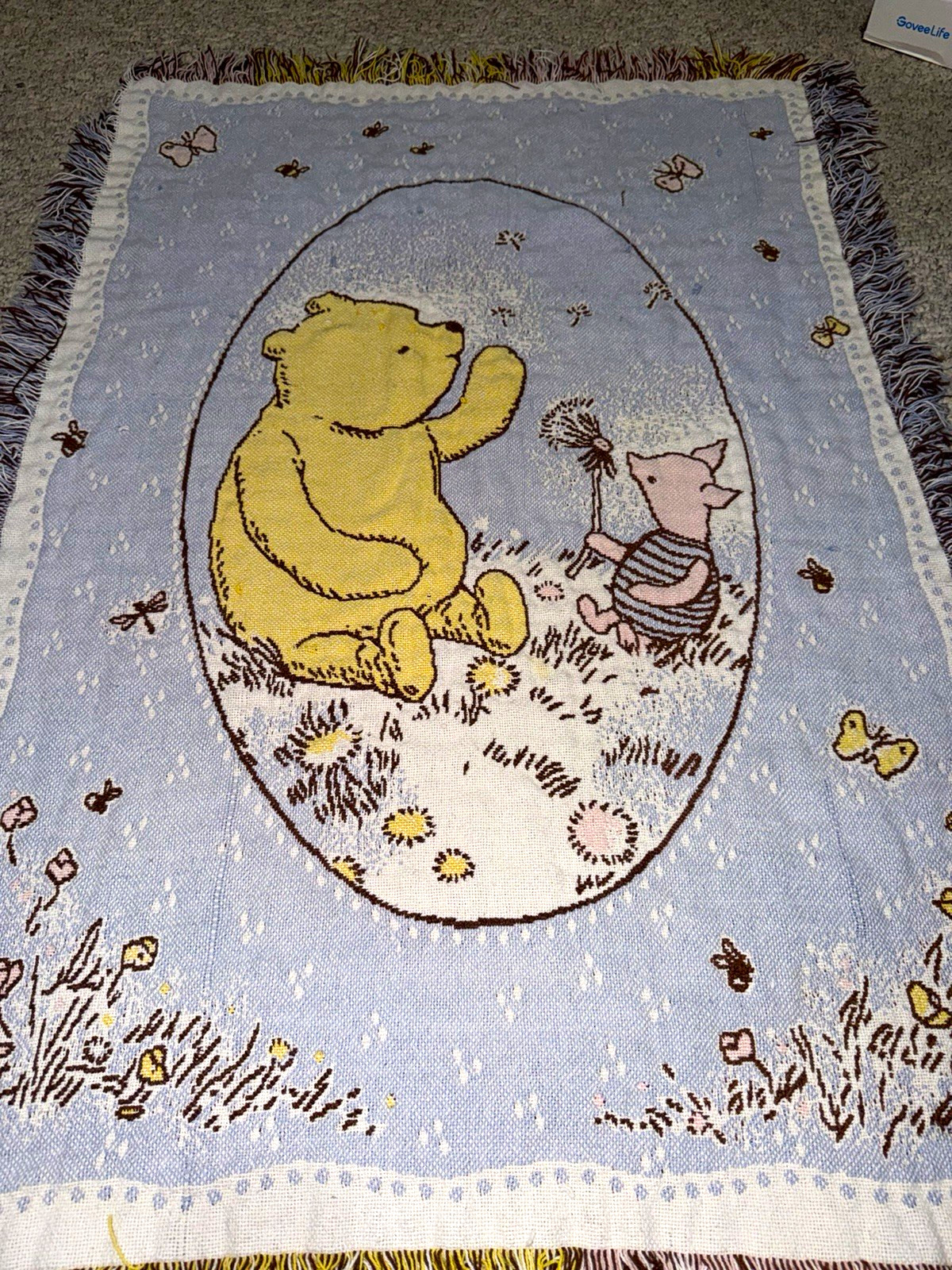 Vintage Disney Winnie the Pooh & Piglet Woven Throw Blanket with Fringe