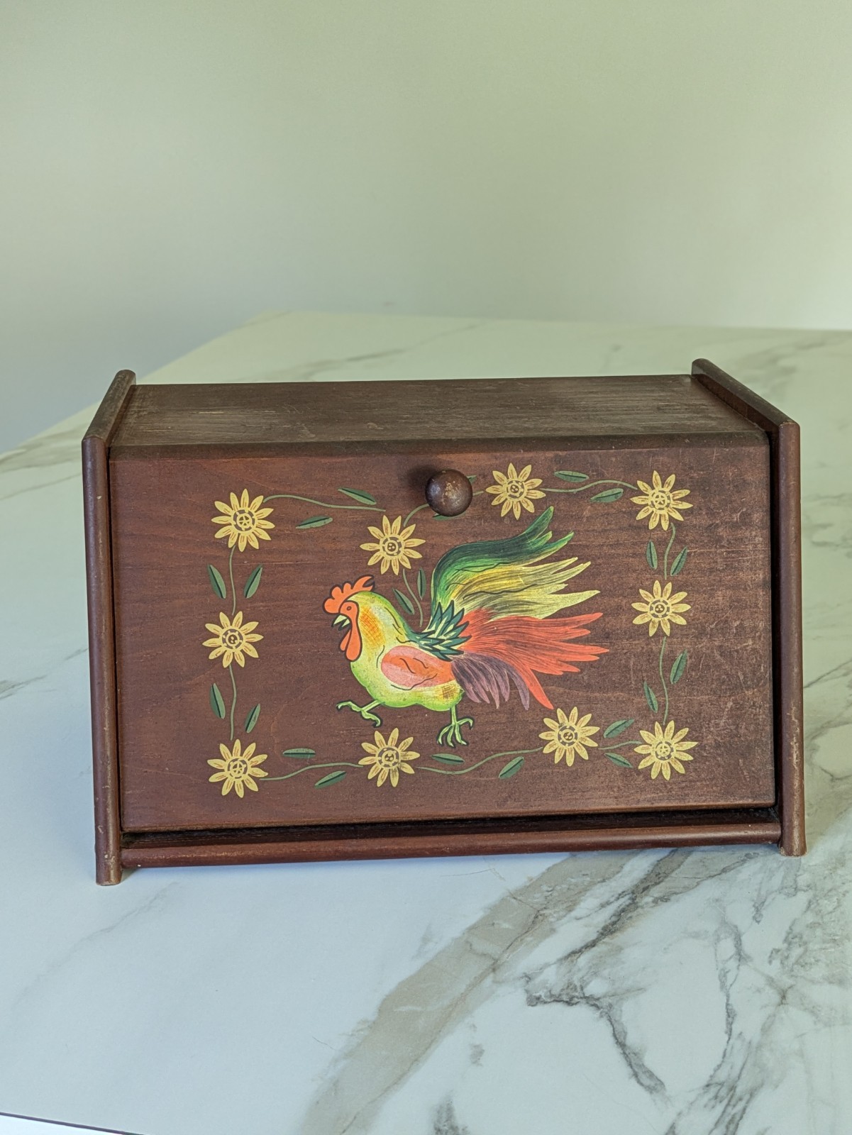 International Susan Winget Wooden Bread Box  Rooster Floral Folk Art Country