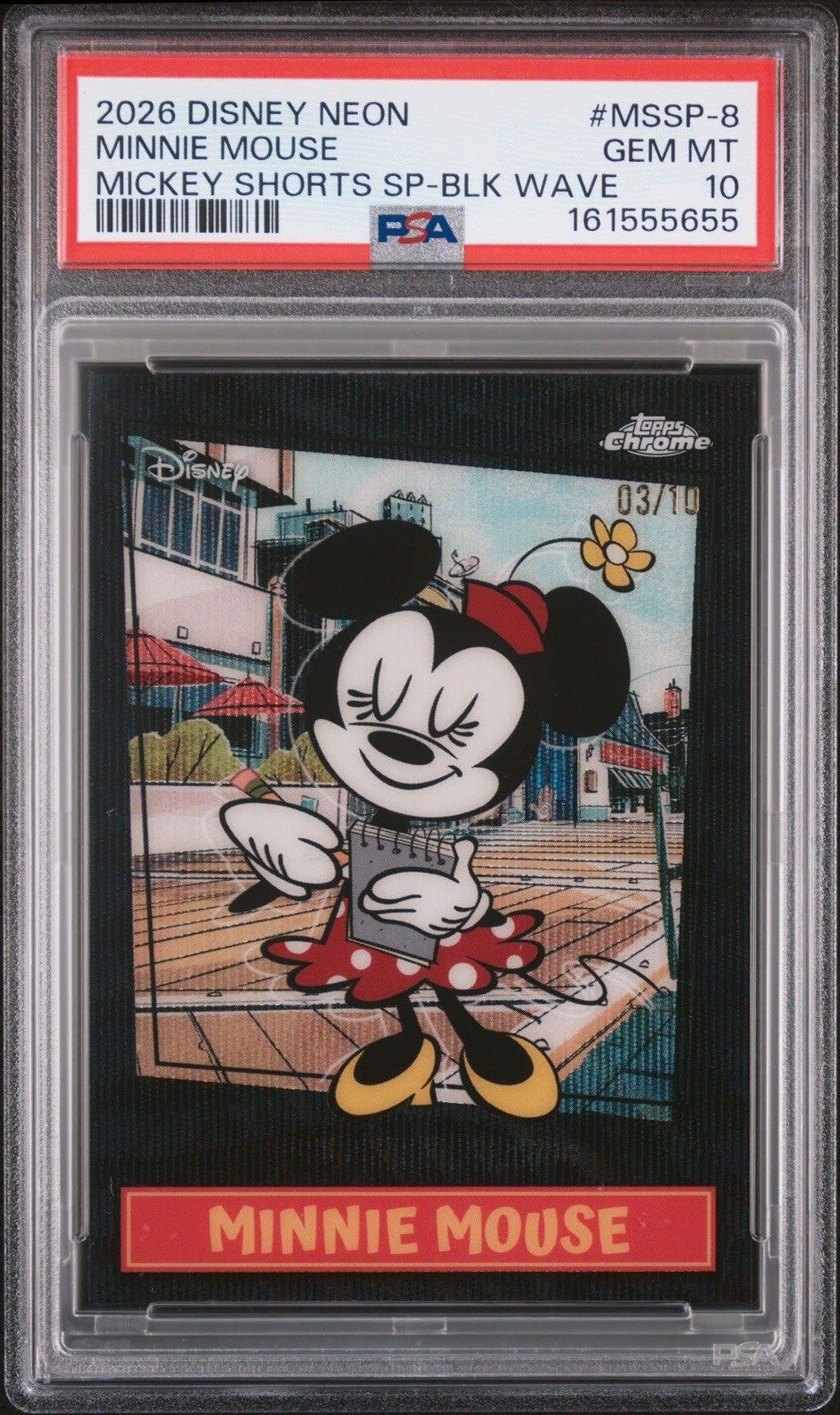 2024 Topps Disney Chrome Minnie Mouse SP Black Wave Refractor /10 PSA 10 2024 Topps Disney Chrome Minnie Mouse SP Black Wave Refractor /10 PSA 10