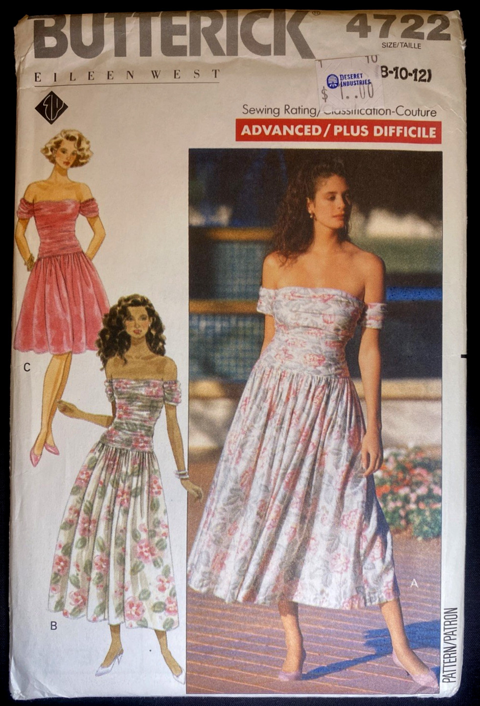 UCFF~Vtg 1980s Butterick 4722 Off-Shoulder Eileen West Dress Pattern~Sz 8-12 UCFF~Vtg 1980s Butterick 4722 Off-Shoulder Eileen West Dress Pattern~Sz 8-12