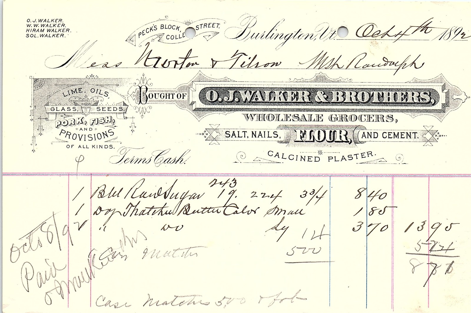 1892 Burlington VT Wholesale Grocers O.J. Walker Billhead