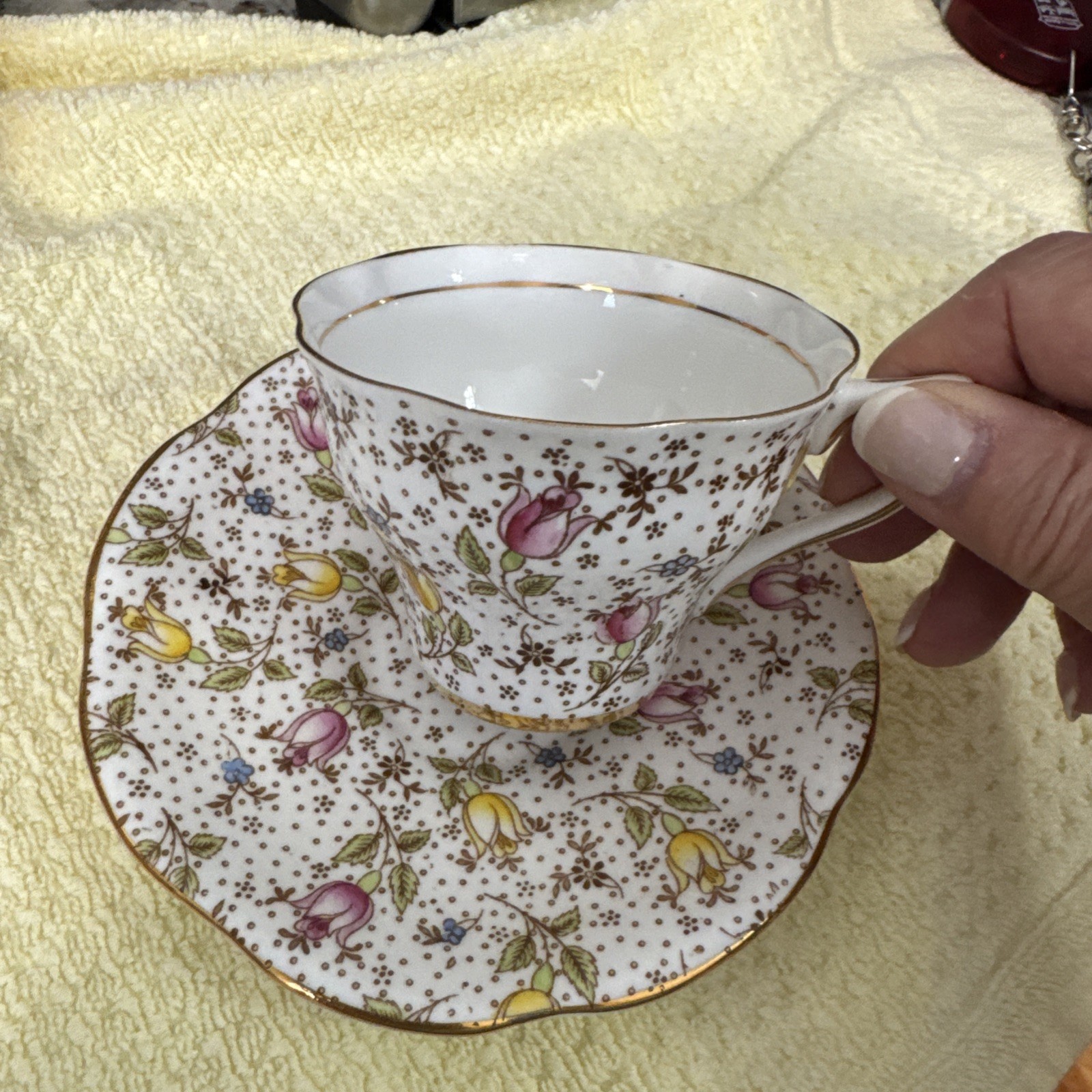 Vintage Rosina Queen June Bone China Tulips Tea cup & Saucer England 4974A