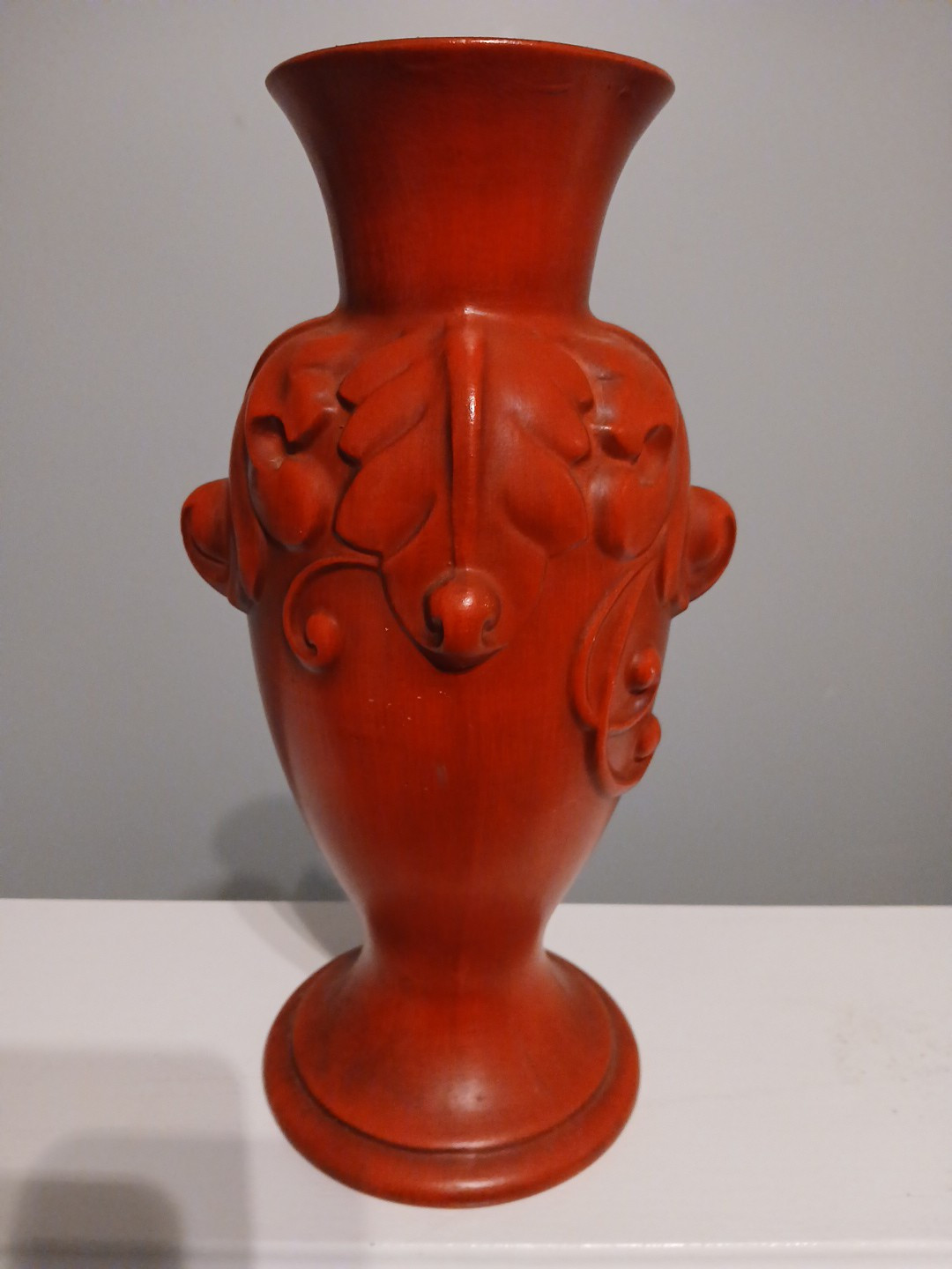 Vintage Red Haeger Ceramic Vase Embossed Design Approx 12 Inch Tall Made In USA