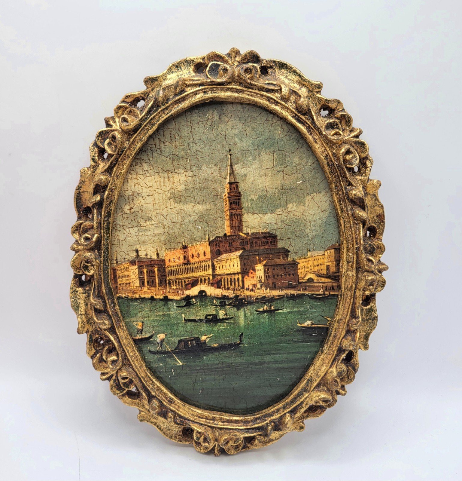 Vintage Italian Venice Venetian Waterfront Wall Art Ornate Gold Oval Frame Italy