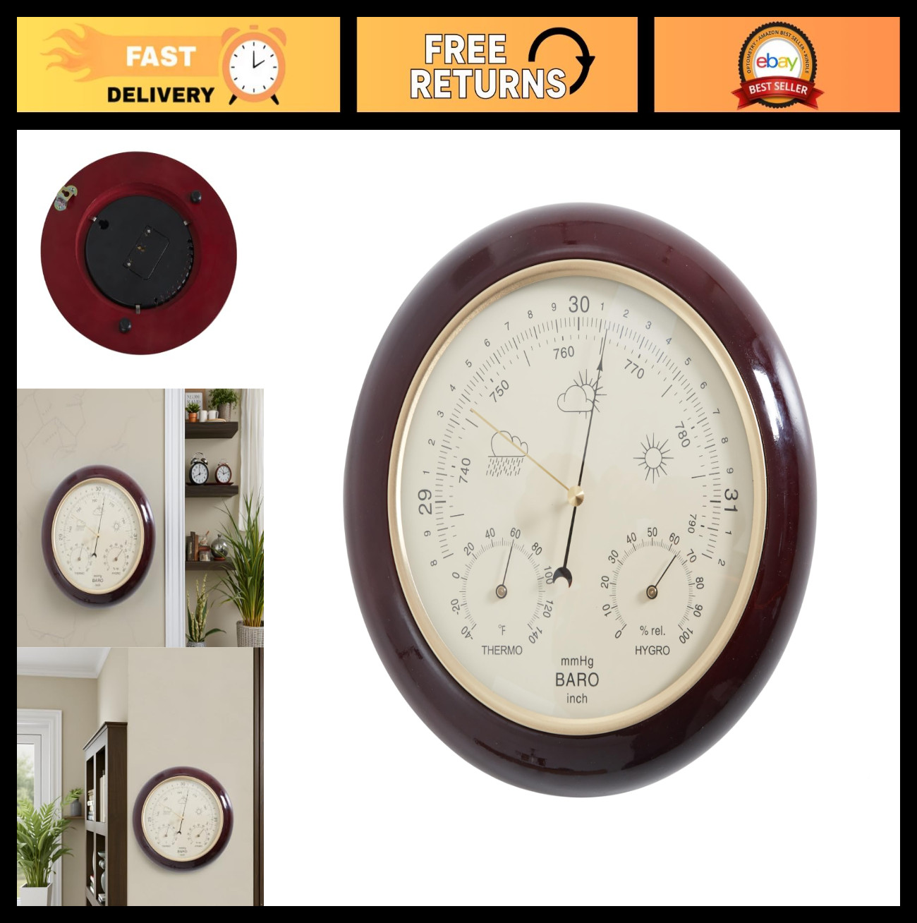 3-in-1 Cherry Round Wood Weather Station - 9 Inch Home Decor & Gift