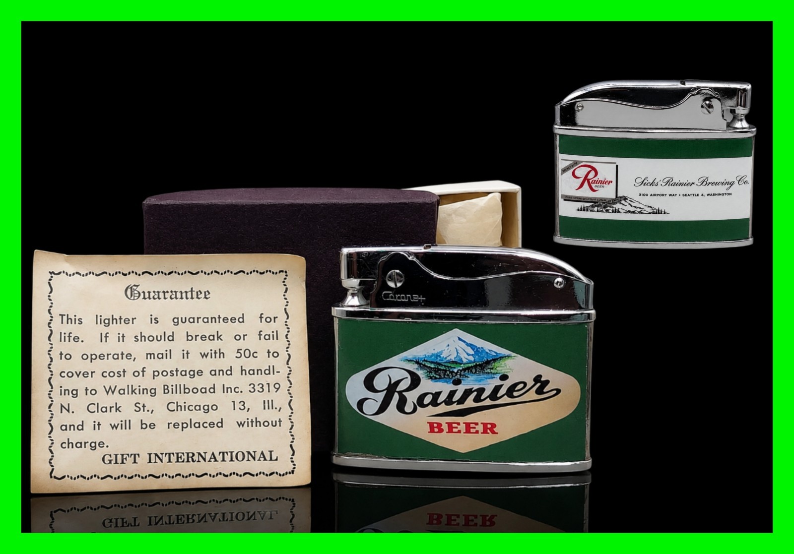 Vintage Rainier Beer Brewing Co Seattle WA Flat Ad Petrol Lighter w/ Box UNFIRED