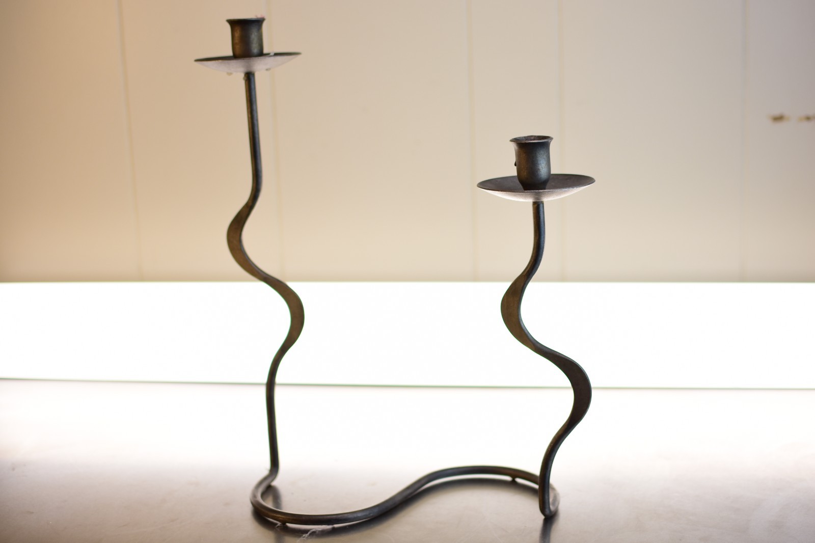 Hand-forged Arts & Crafts Wrought Snake 2 ended candlestick holder