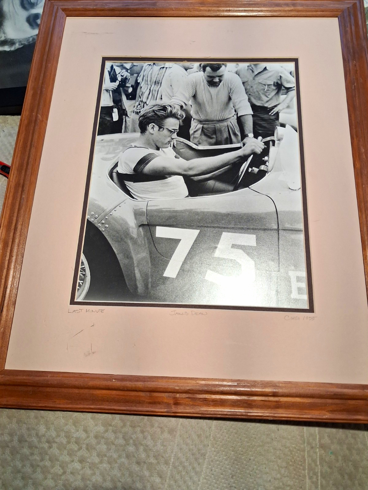 James Dean Black & White Photo Race Car #75 “Last Minute” 1955 Matted Framed