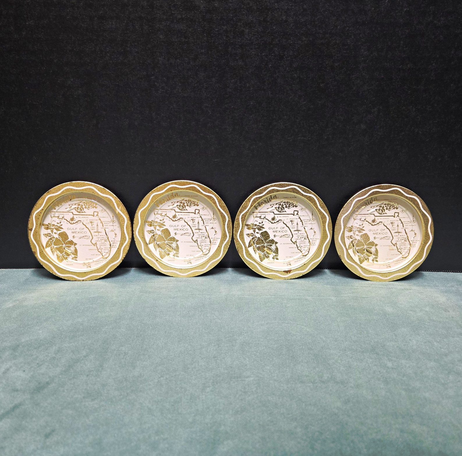 Vintage Florida Souvenir Metal Map Coasters Tin Scalloped Gold White Set of 4