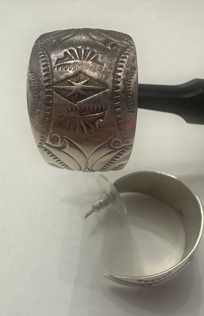 Sterling Silver Navajo Hoop Earring Featuring Intricate Stamped JLG Native Sterling Silver Navajo Hoop Earring Featuring Intricate Stamped JLG Native