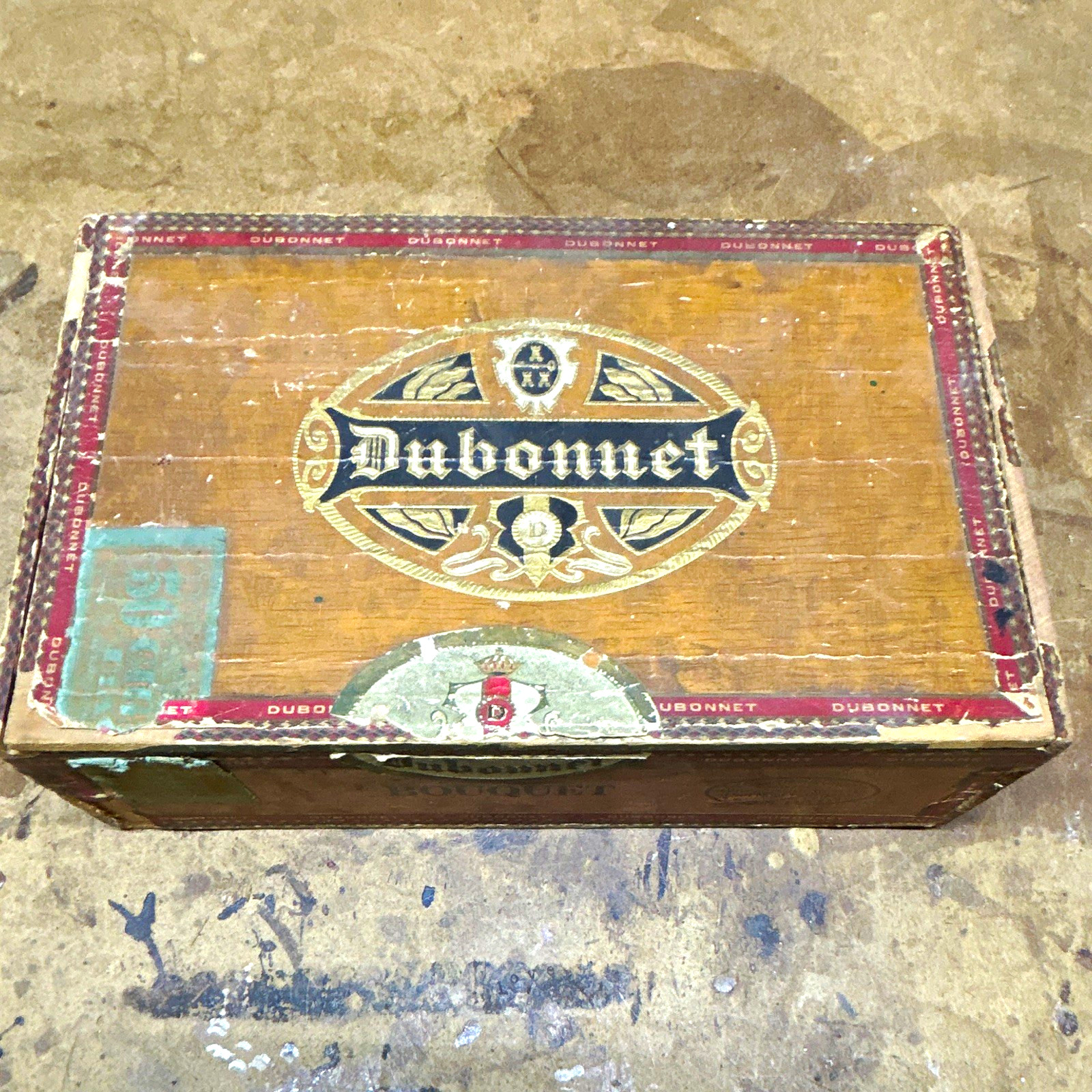 Dubonnet Vintage Wooden Cigar Box w/ Hinged Lid, Wooden Construction (Empty)