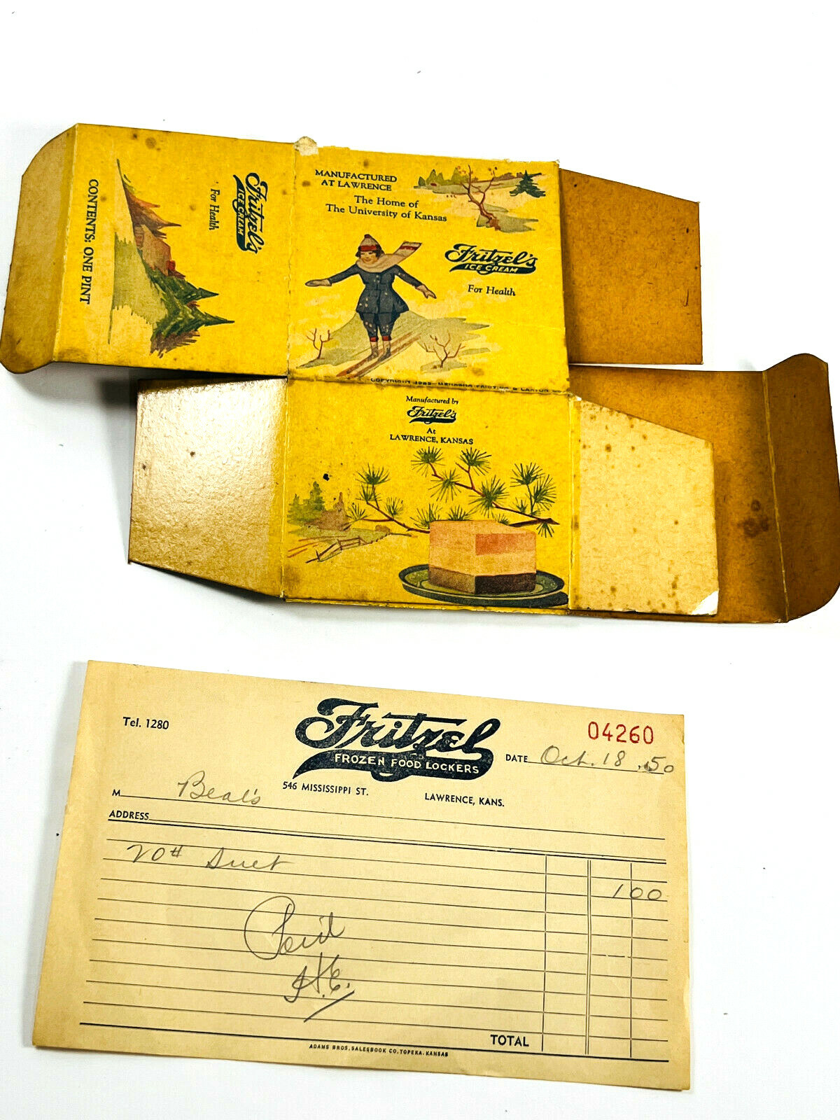 Antique 1920's Fritzel Ice Cream Box Lawrence University of Kansas KS KU adverti